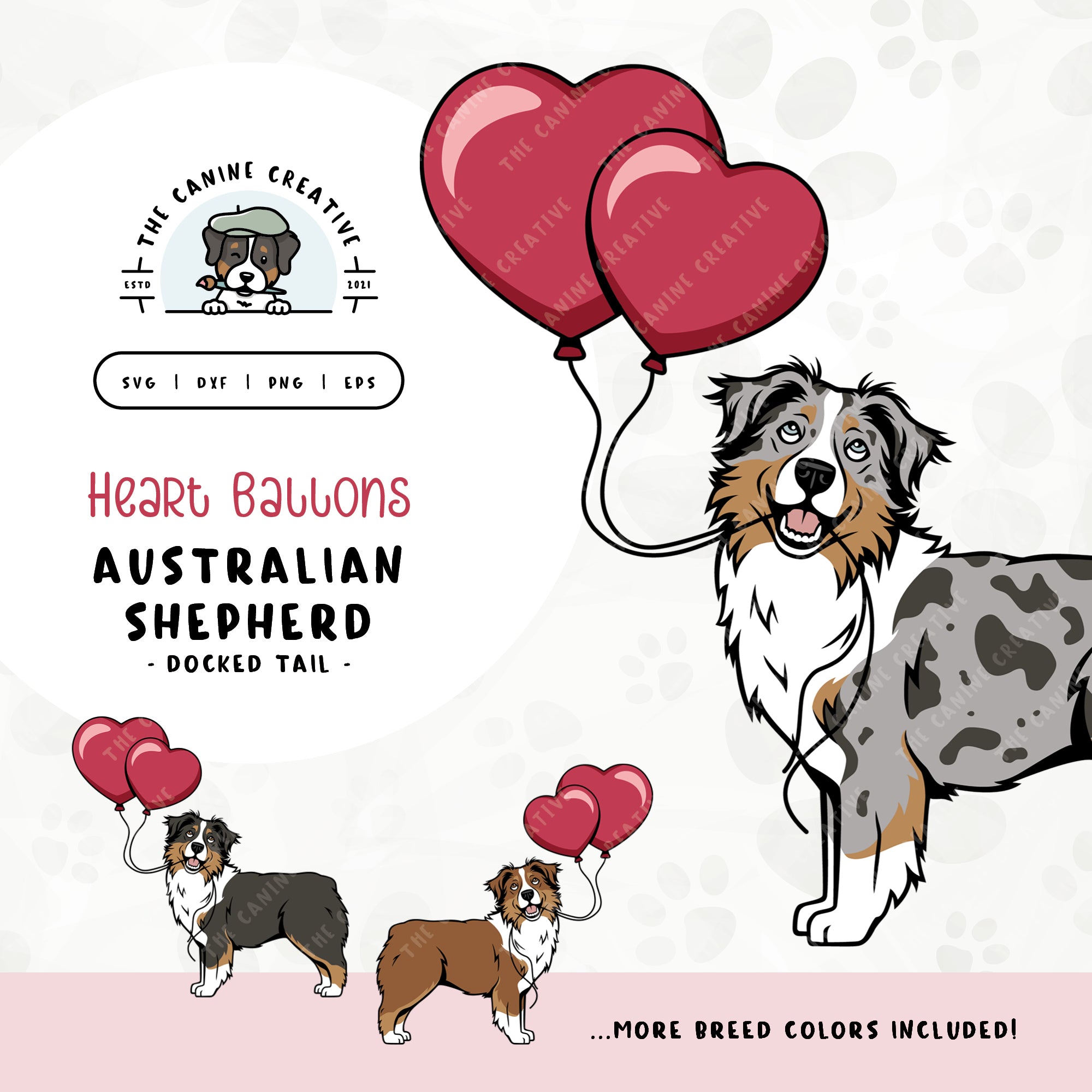 This charming illustration of an Australian Shepherd with a docked tail features a dog holding heart-shaped balloons. File formats include: SVG, DXF, PNG, and EPS.