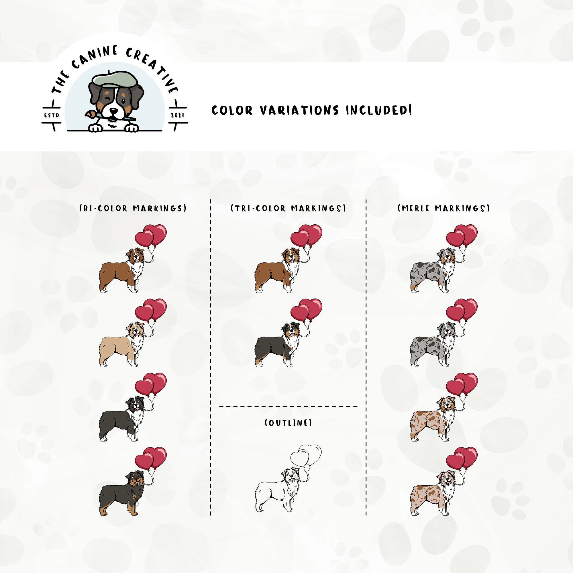 Dog color variations for this design set includes common color and marking variations found in Aussies (bi, tri, and Merle), as well as an outline option. 