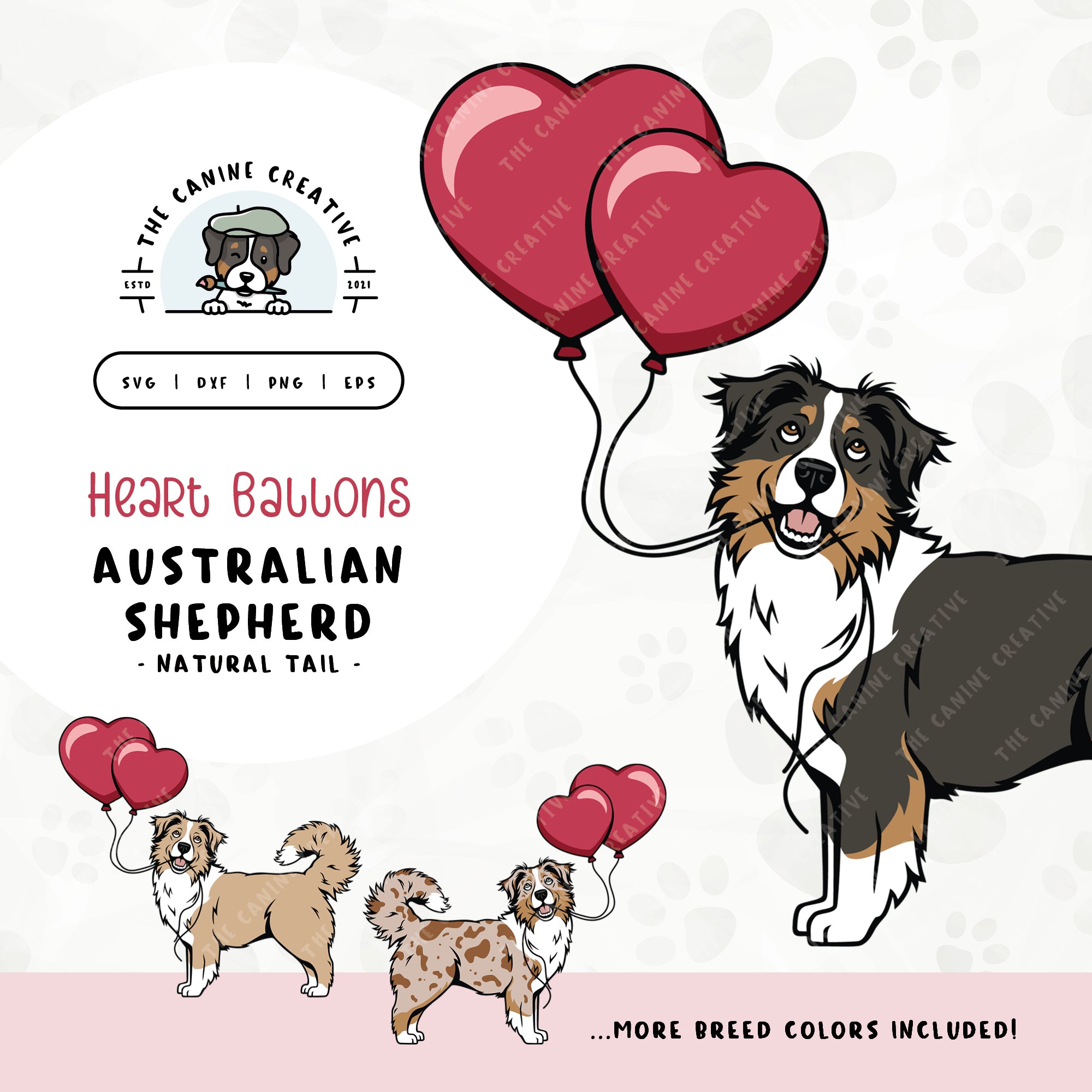 This charming illustration of an Australian Shepherd with a long tail features a dog holding heart-shaped balloons. File formats include: SVG, DXF, PNG, and EPS.