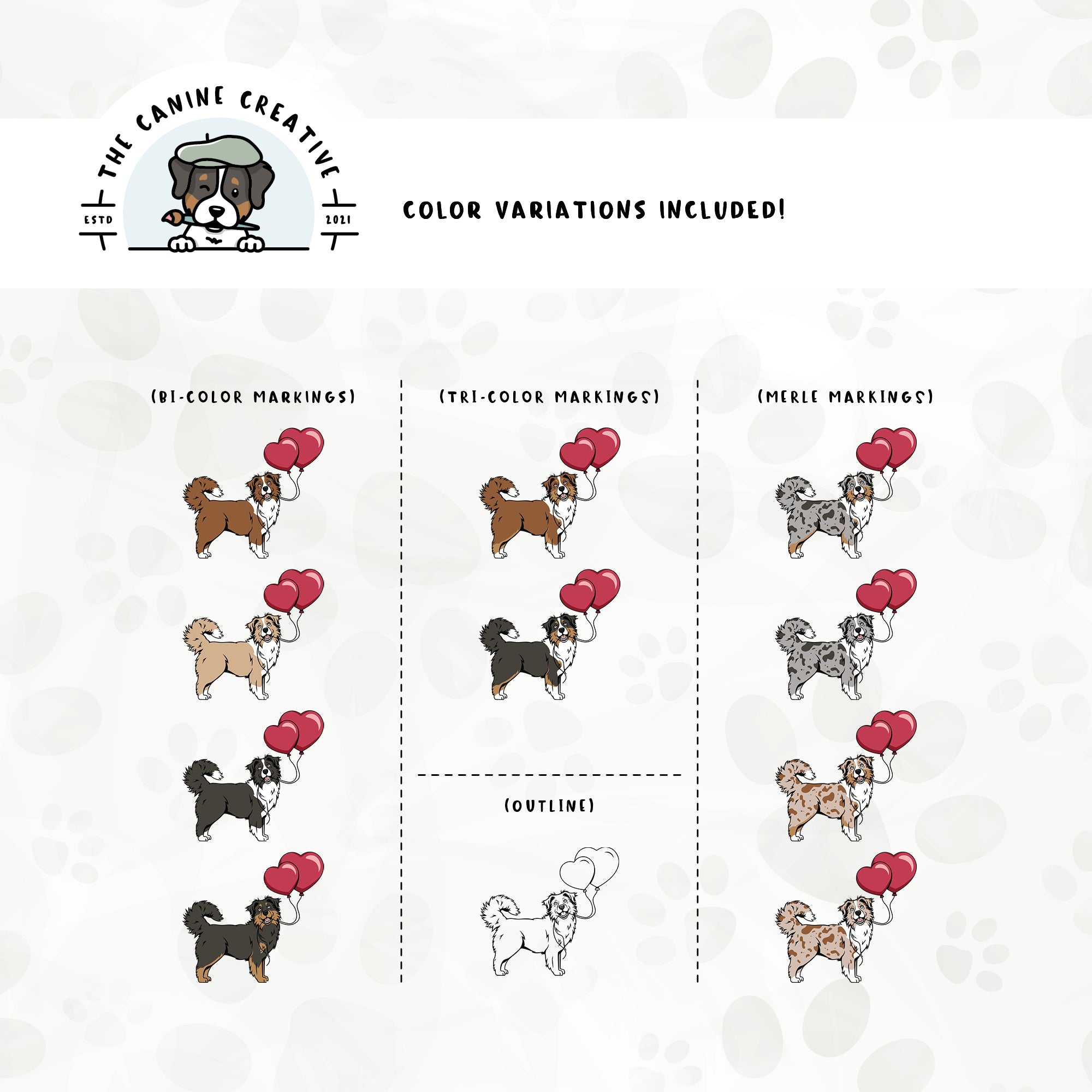 Dog color variations for this design set includes common color and marking variations found in Aussies (bi, tri, and Merle), as well as an outline option. 