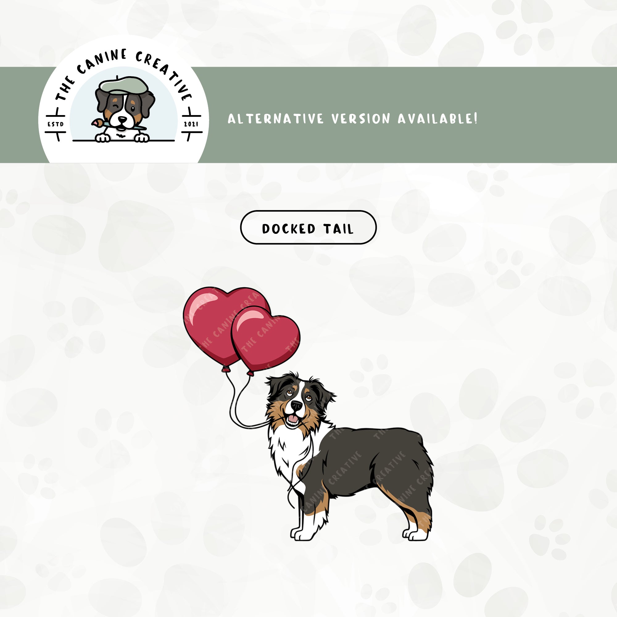 A docked tail version is also available for this heart balloon Australian Shepherd design.