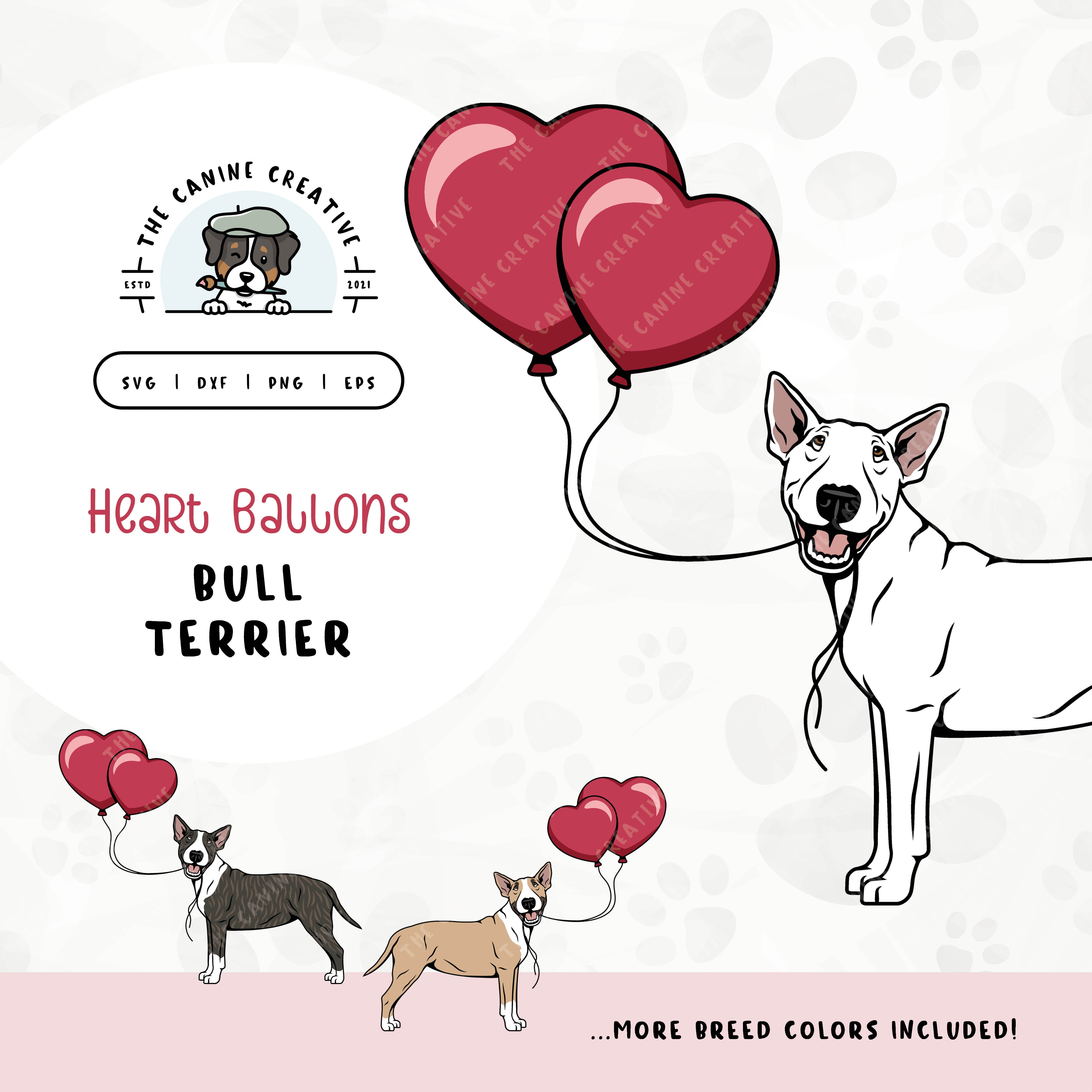 This charming illustration of a Bull Terrier features a dog holding heart-shaped balloons. File formats include: SVG, DXF, PNG, and EPS.