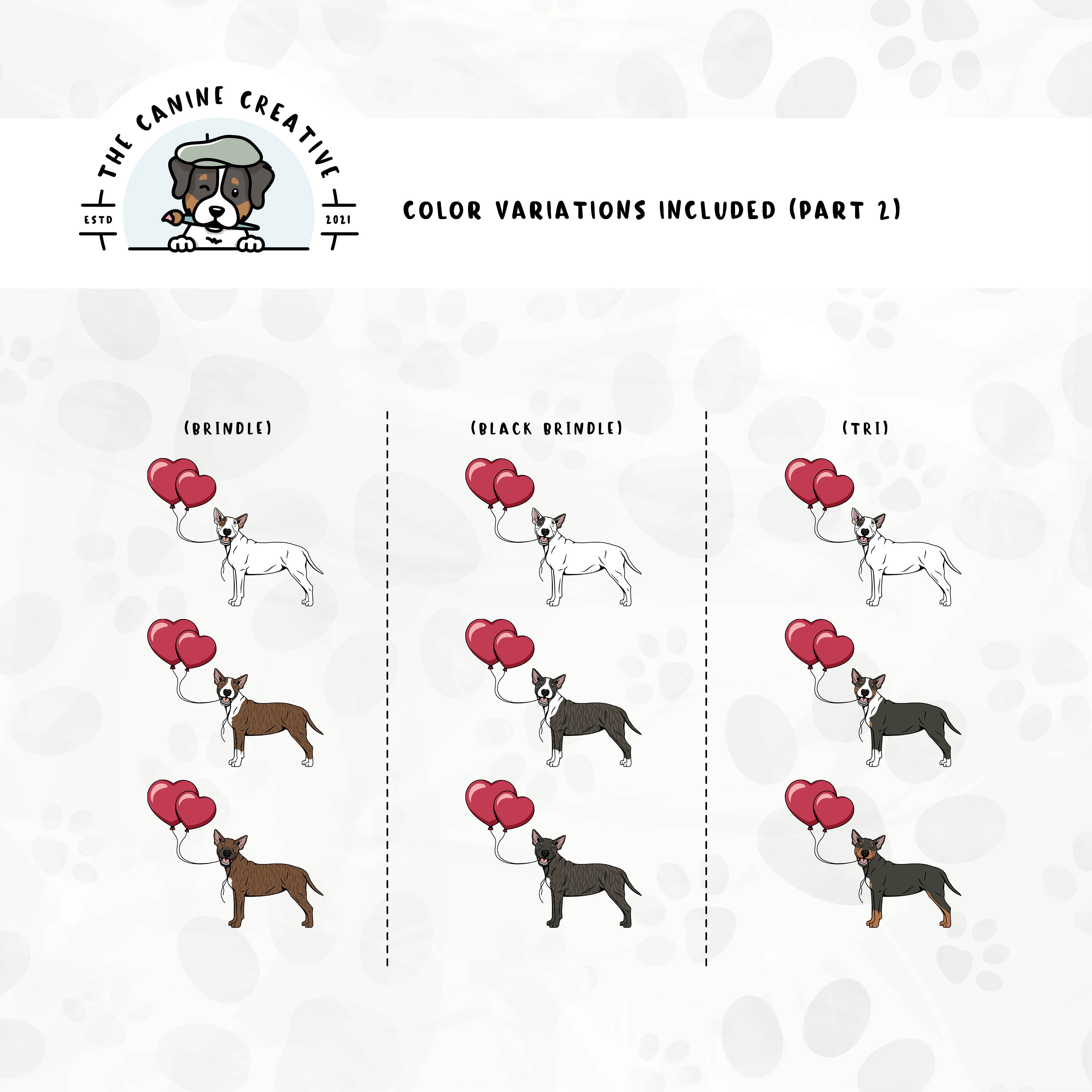 Part 2 of dog color variations for this design set includes common color and marking variations found in this Bully breed (brindle and tri-color).