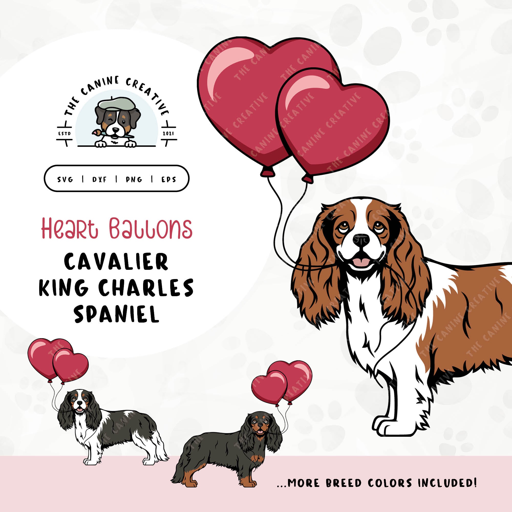 This charming illustration of a Cavalier King Charles Spaniel features a dog holding heart-shaped balloons. File formats include: SVG, DXF, PNG, and EPS.