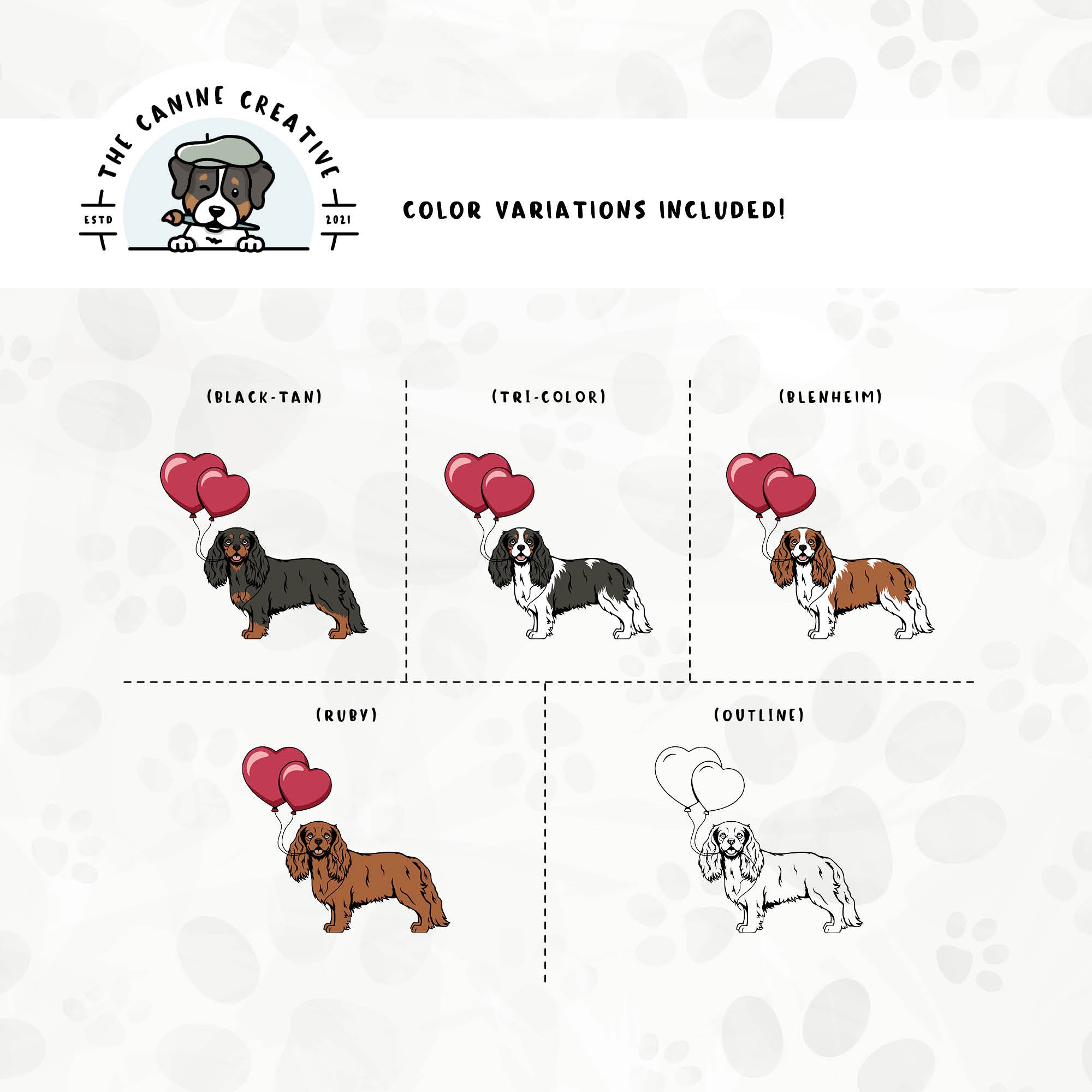 Dog color variations for this Cavalier King Charles Spaniel design set includes common color and marking variations found in this breed (blenheim, tri-color, black-tan, and ruby), as well as an outline option.