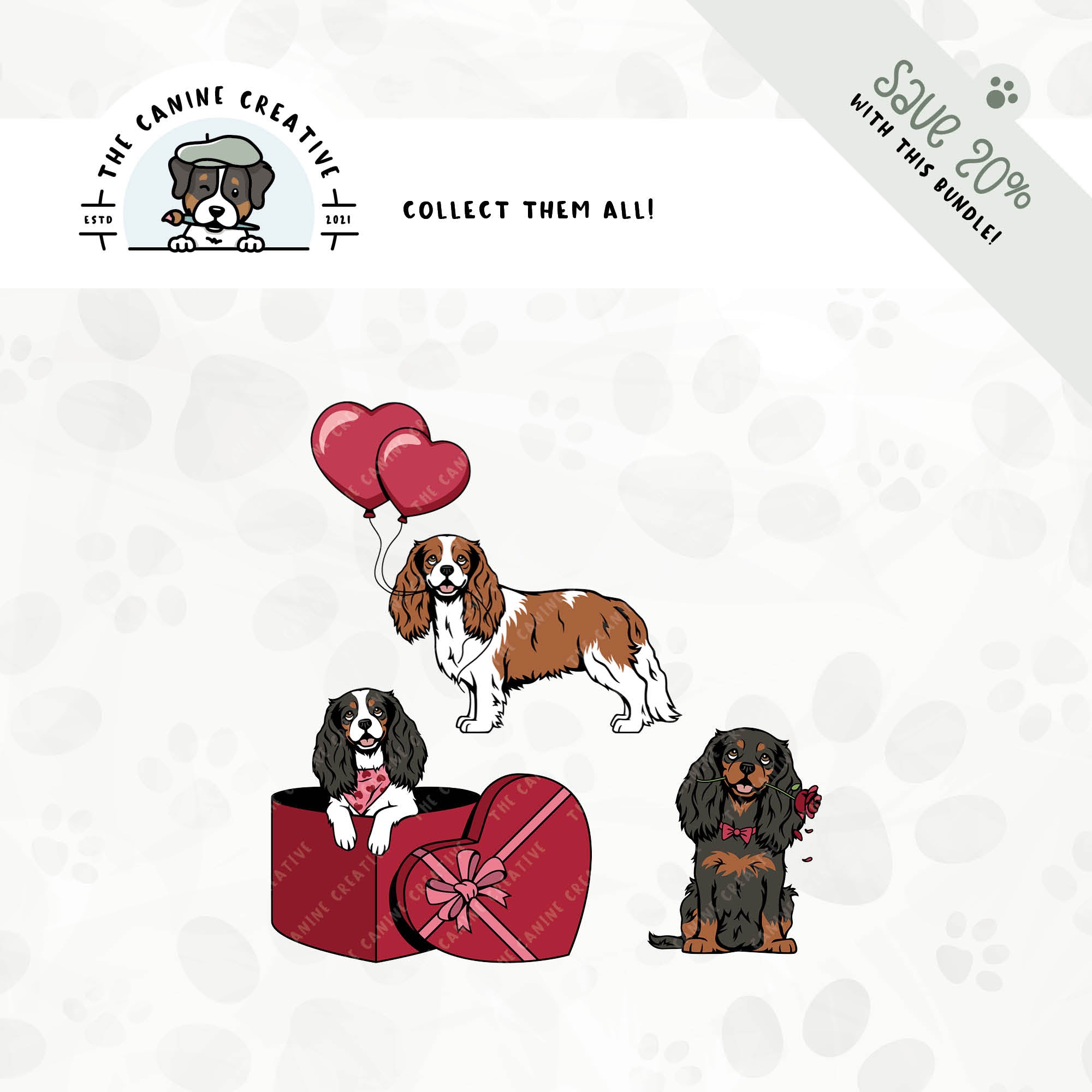 Save 20% with our related 3-pack puppy love design bundle featuring Cavalier King Charles Spaniels!