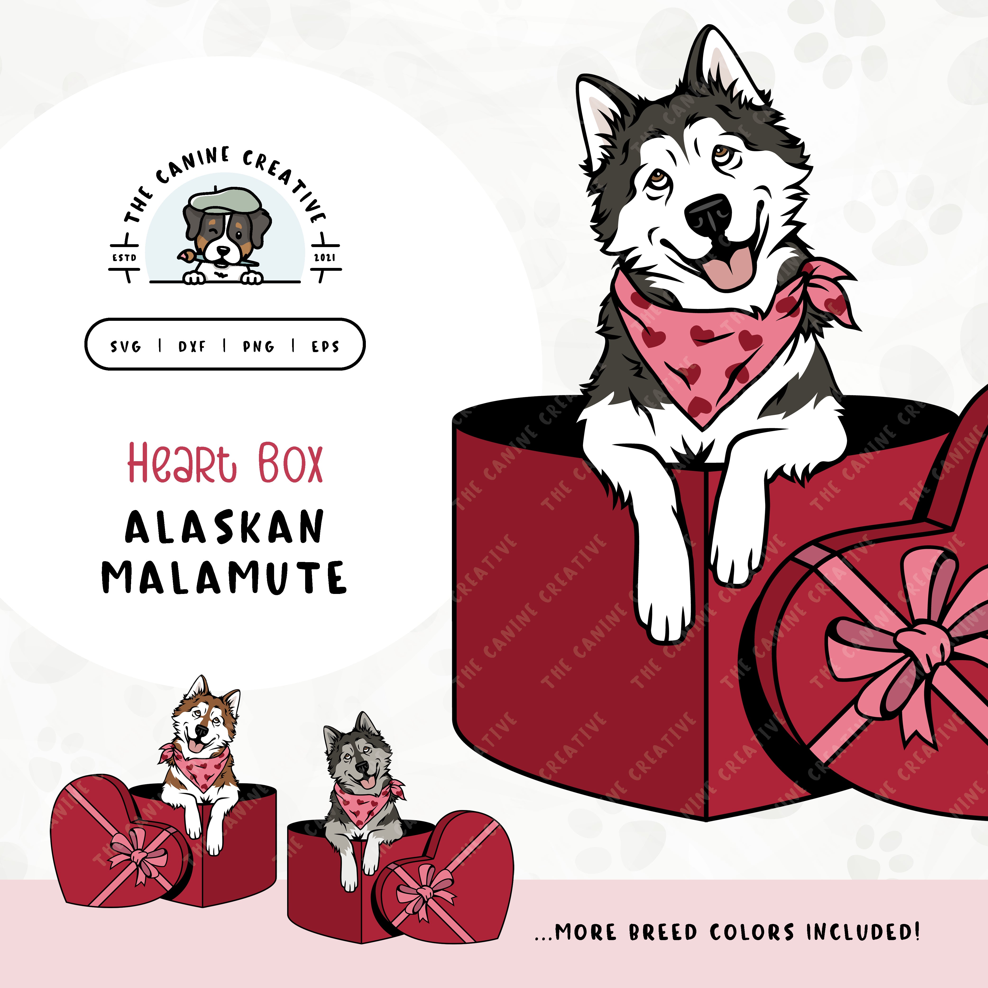 This charming Alaskan Malamute illustration features a peeking dog in a heart-shaped box. File formats include: SVG, DXF, PNG, and EPS.