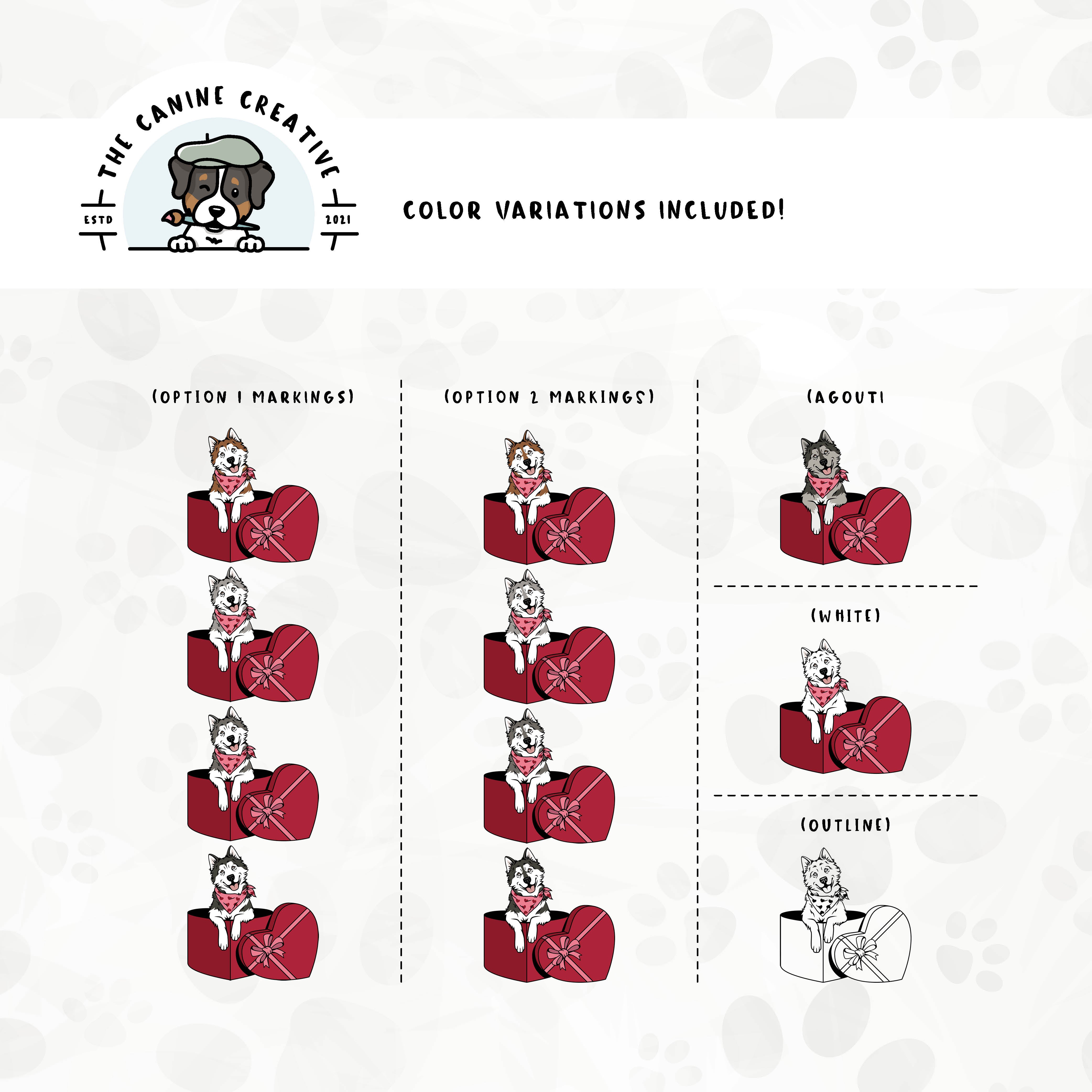 Dog color variations for this design set includes common color and marking variations found in Alaskan Malamutes (bi-color, Agouti, and white), as well as an outline option.