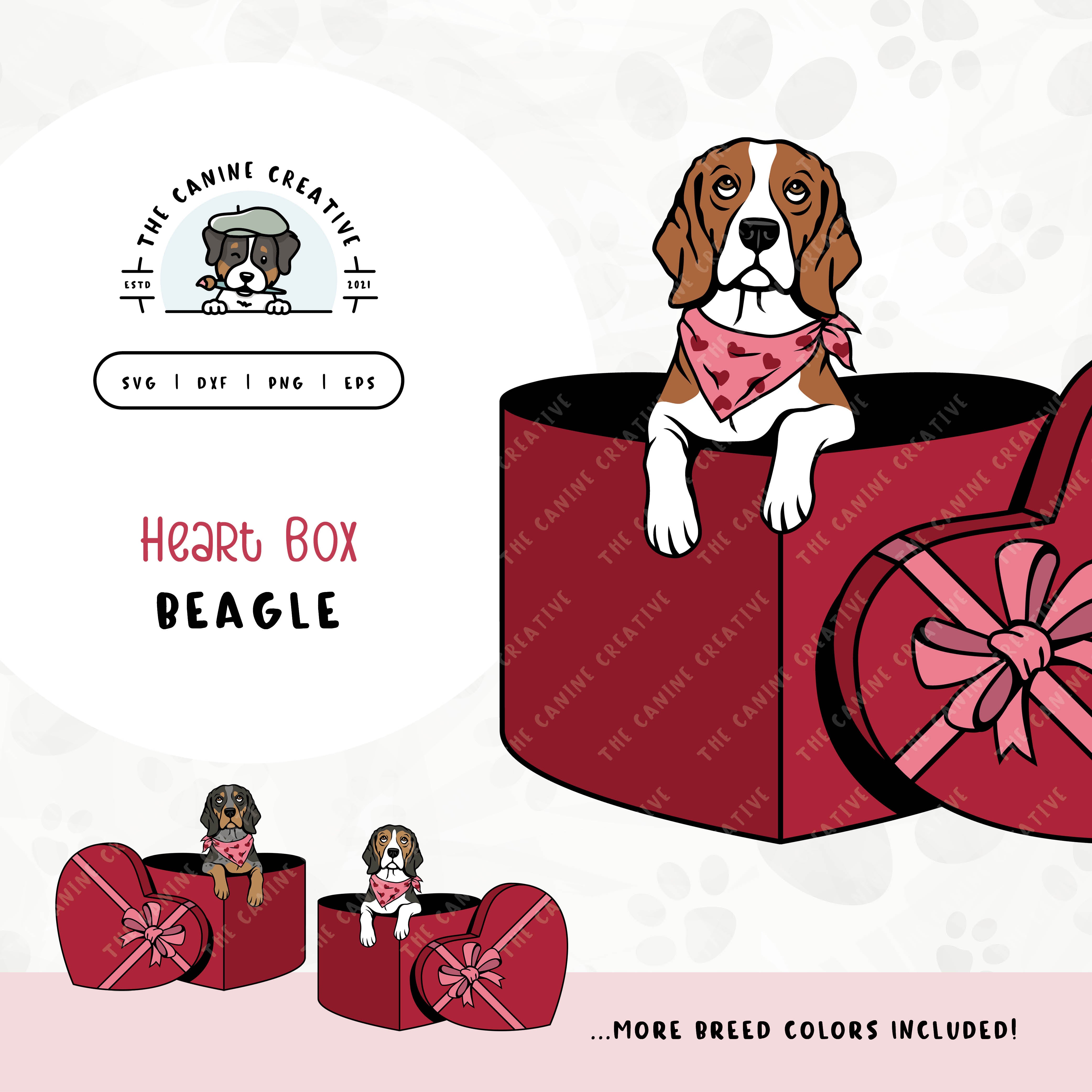 This charming Beagle illustration features a peeking dog in a heart-shaped box. File formats include: SVG, DXF, PNG, and EPS.