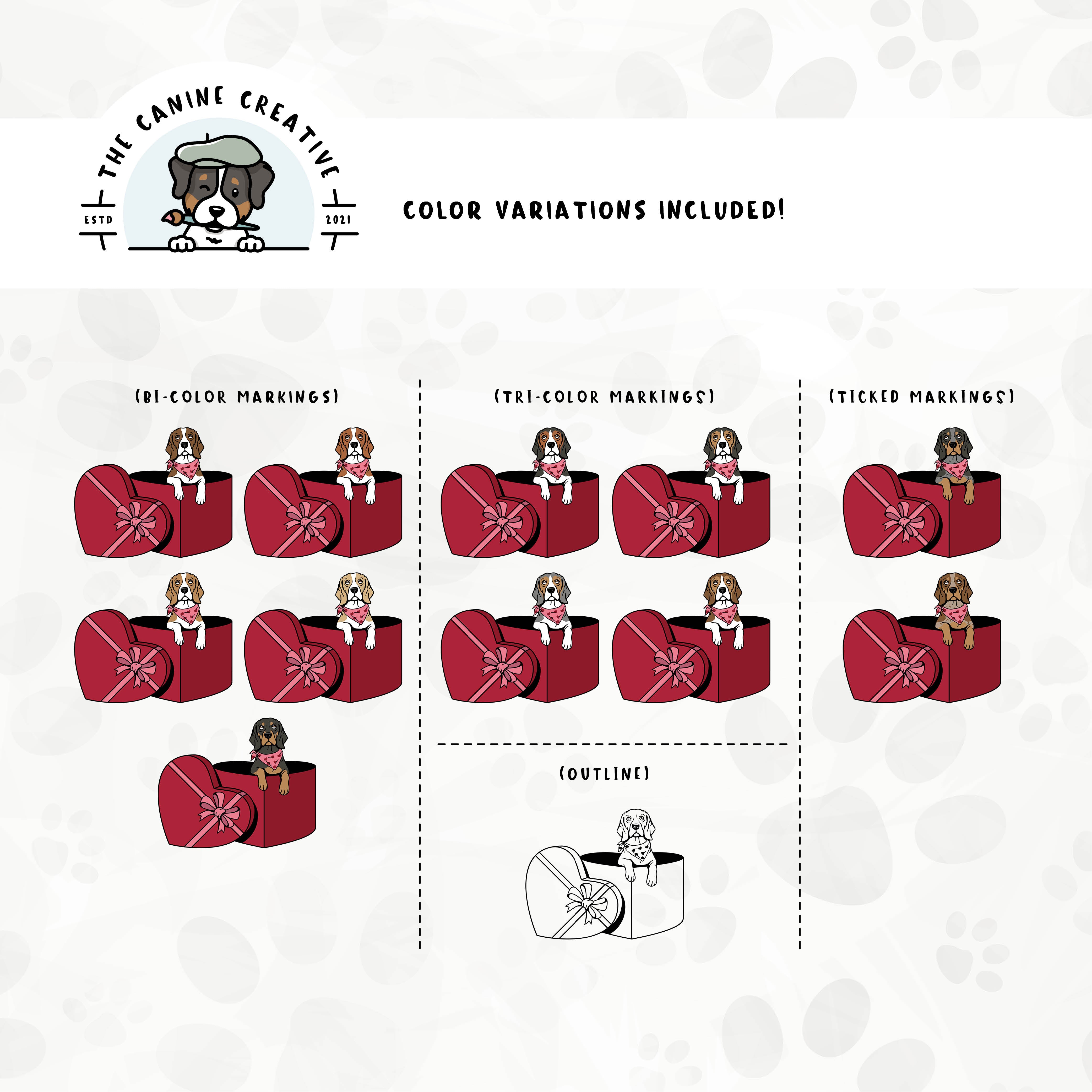 Dog color variations for this design set includes common color and marking variations found in Beagles (bi-color, tri-color, and ticked), as well as an outline option. 