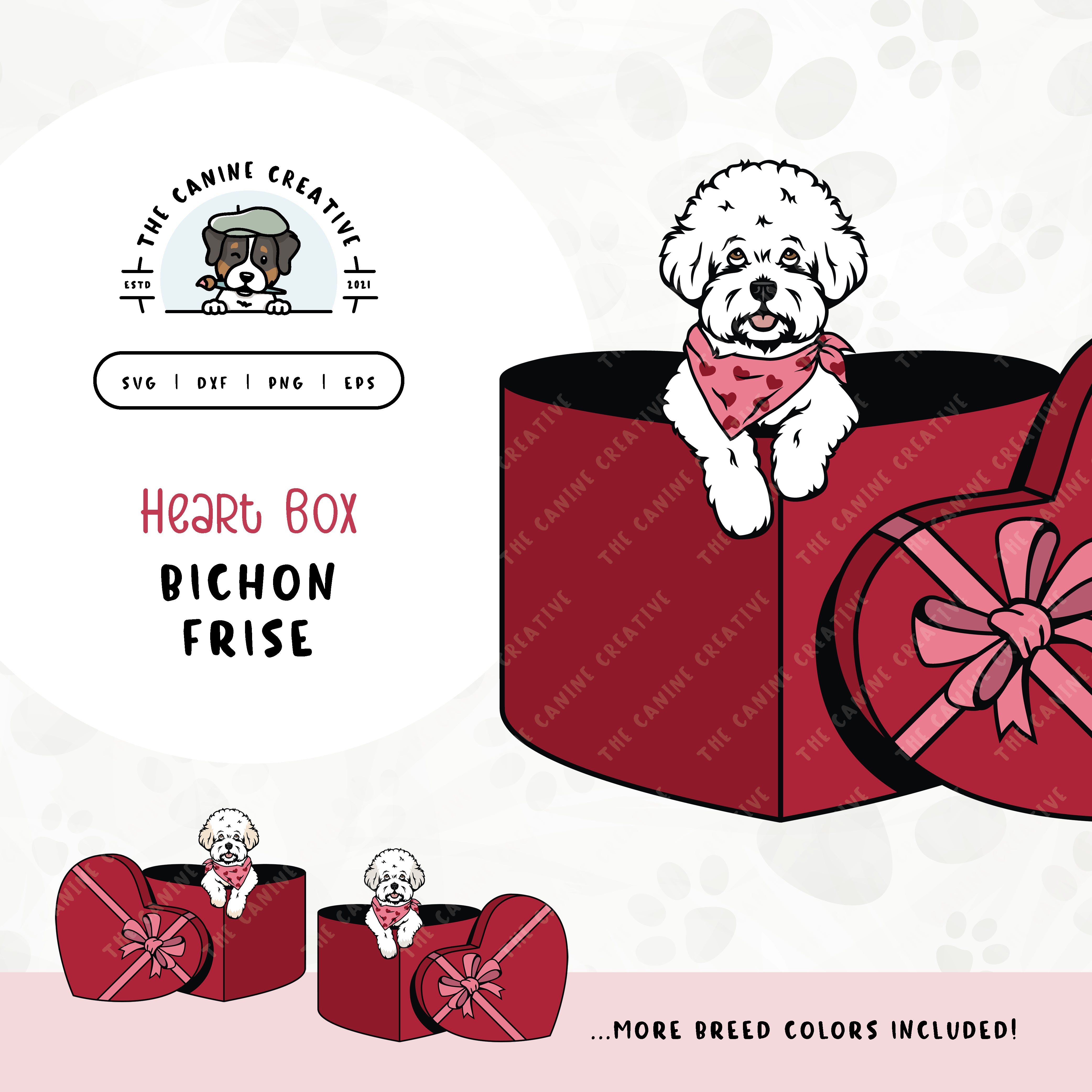 This charming Bichon Frise illustration features a peeking dog in a heart-shaped box. File formats include: SVG, DXF, PNG, and EPS.