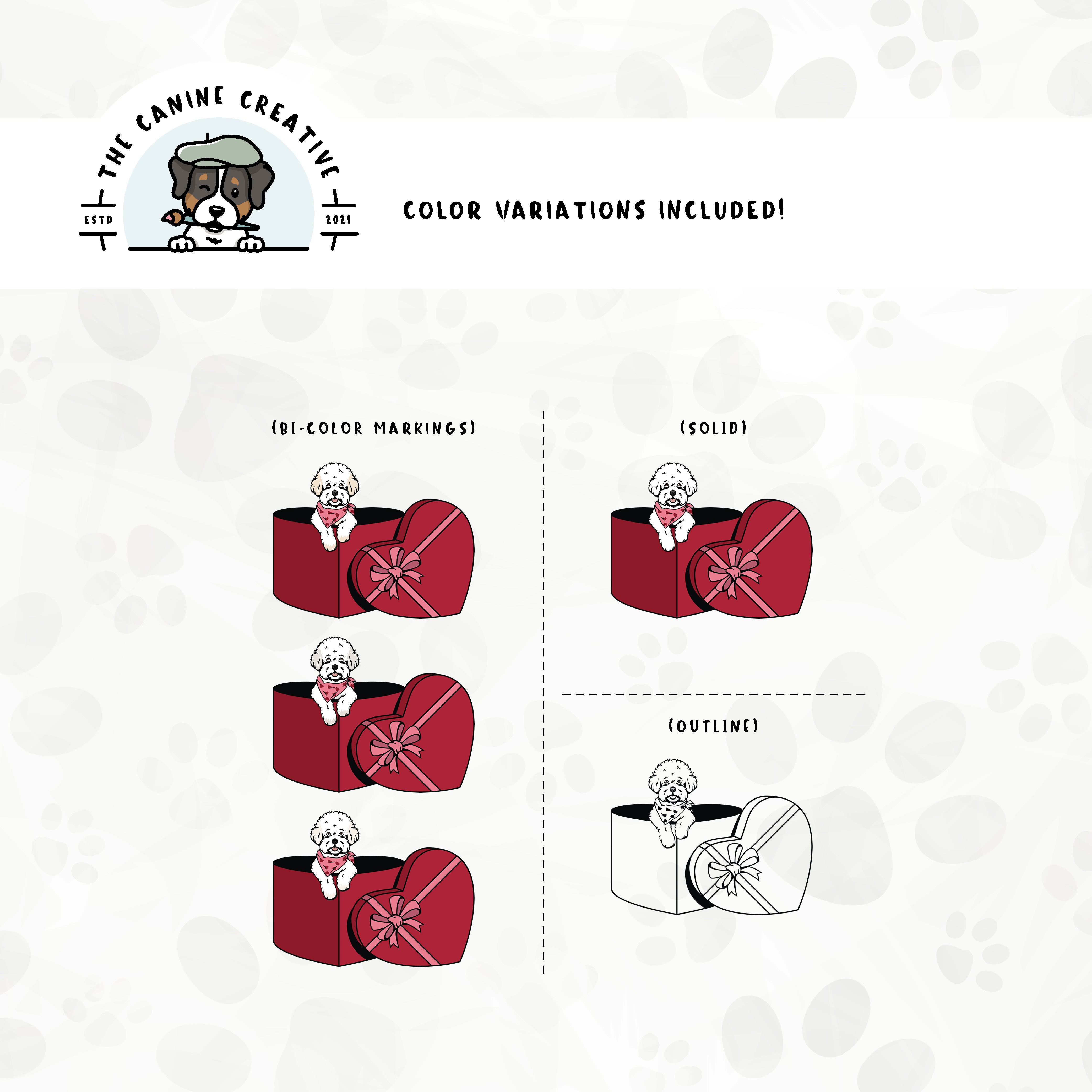 Dog color variations for this design set includes common color and marking variations found in Bichons (white, buff, apricot, and cream), as well as an outline option. 