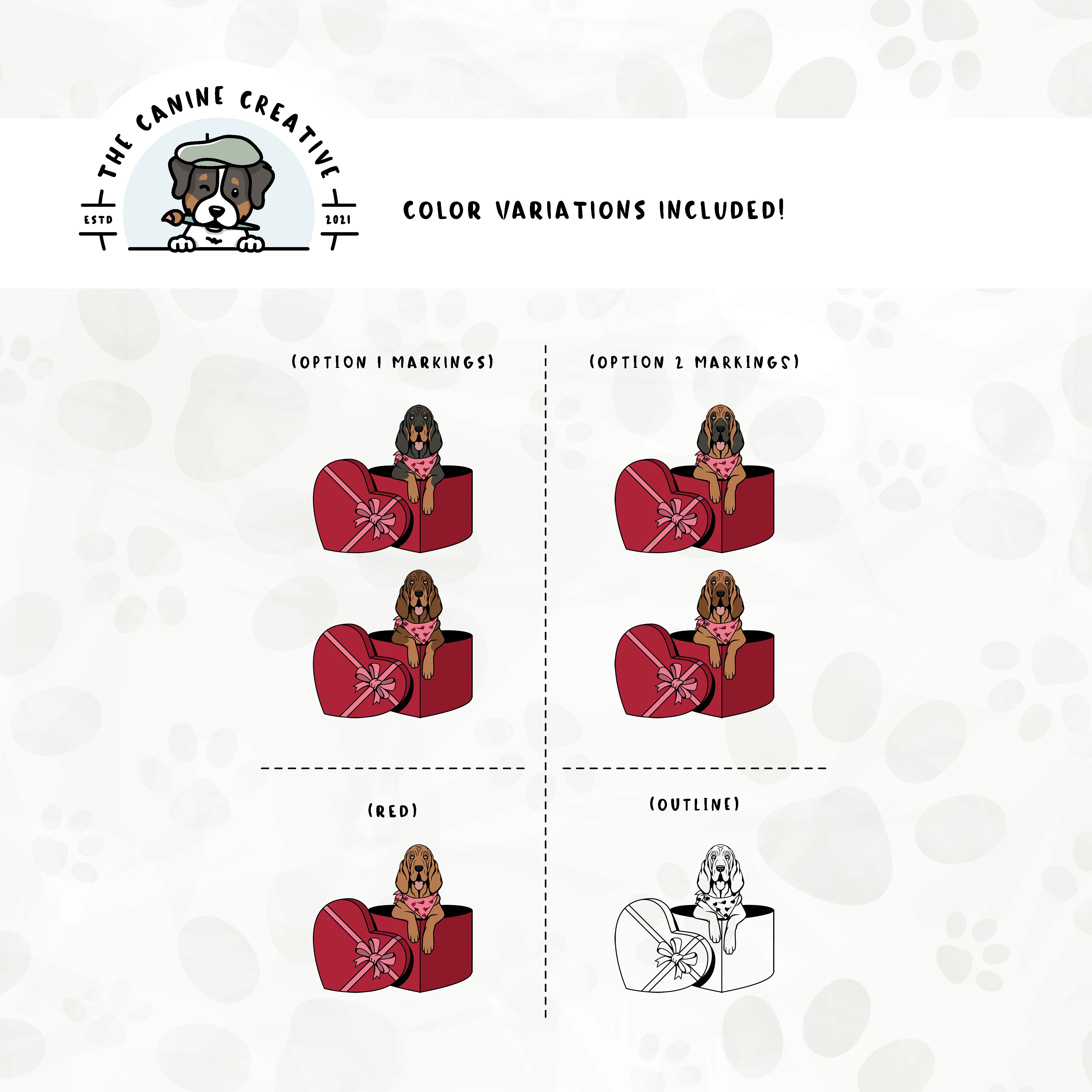 Dog color variations for this design set includes common color and marking variations found in Bloodhounds (liver/tan, black/tan, and red), as well as an outline option. 
