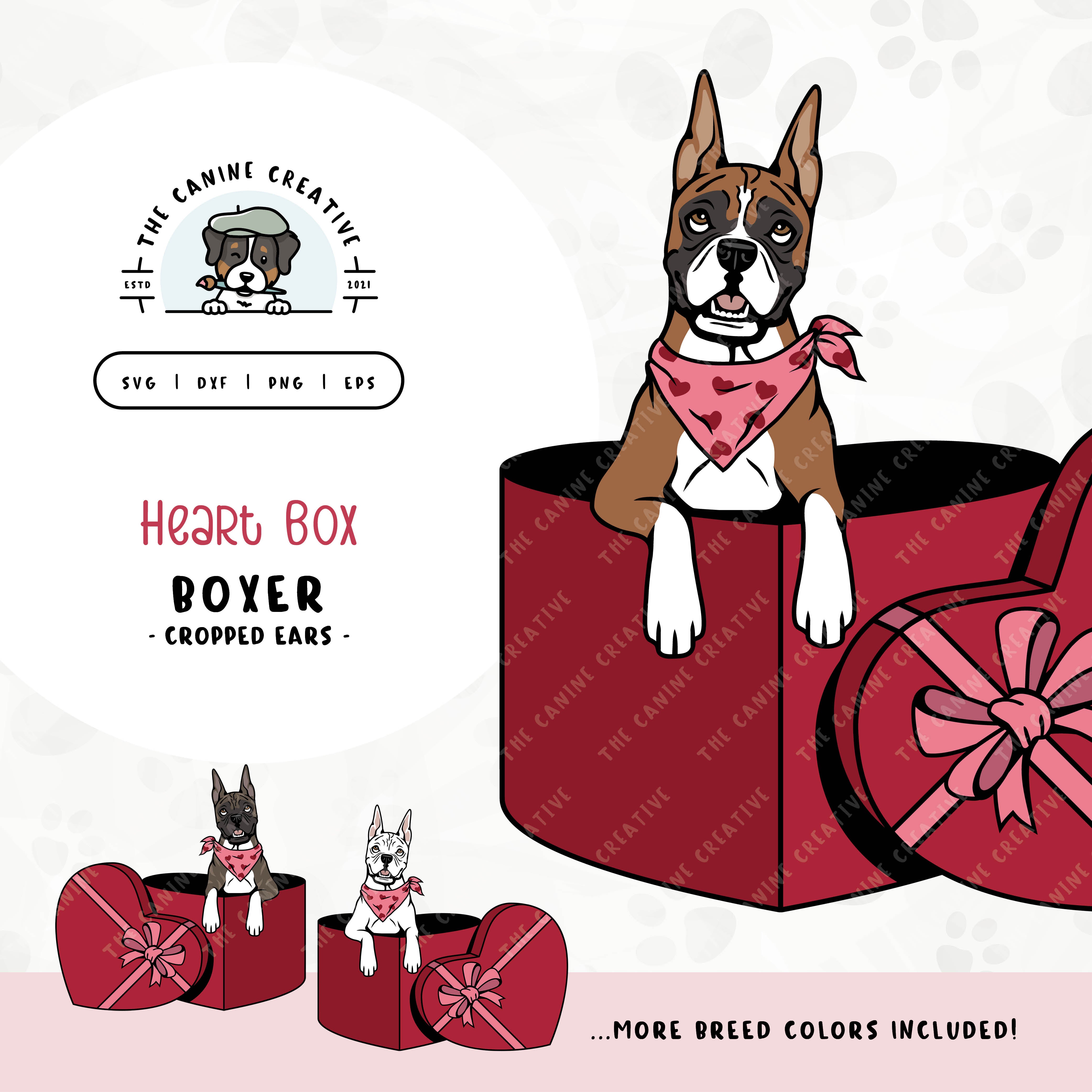 This charming Boxer dog illustration (cropped ears edition) features a peeking dog in a heart-shaped box. File formats include: SVG, DXF, PNG, and EPS.