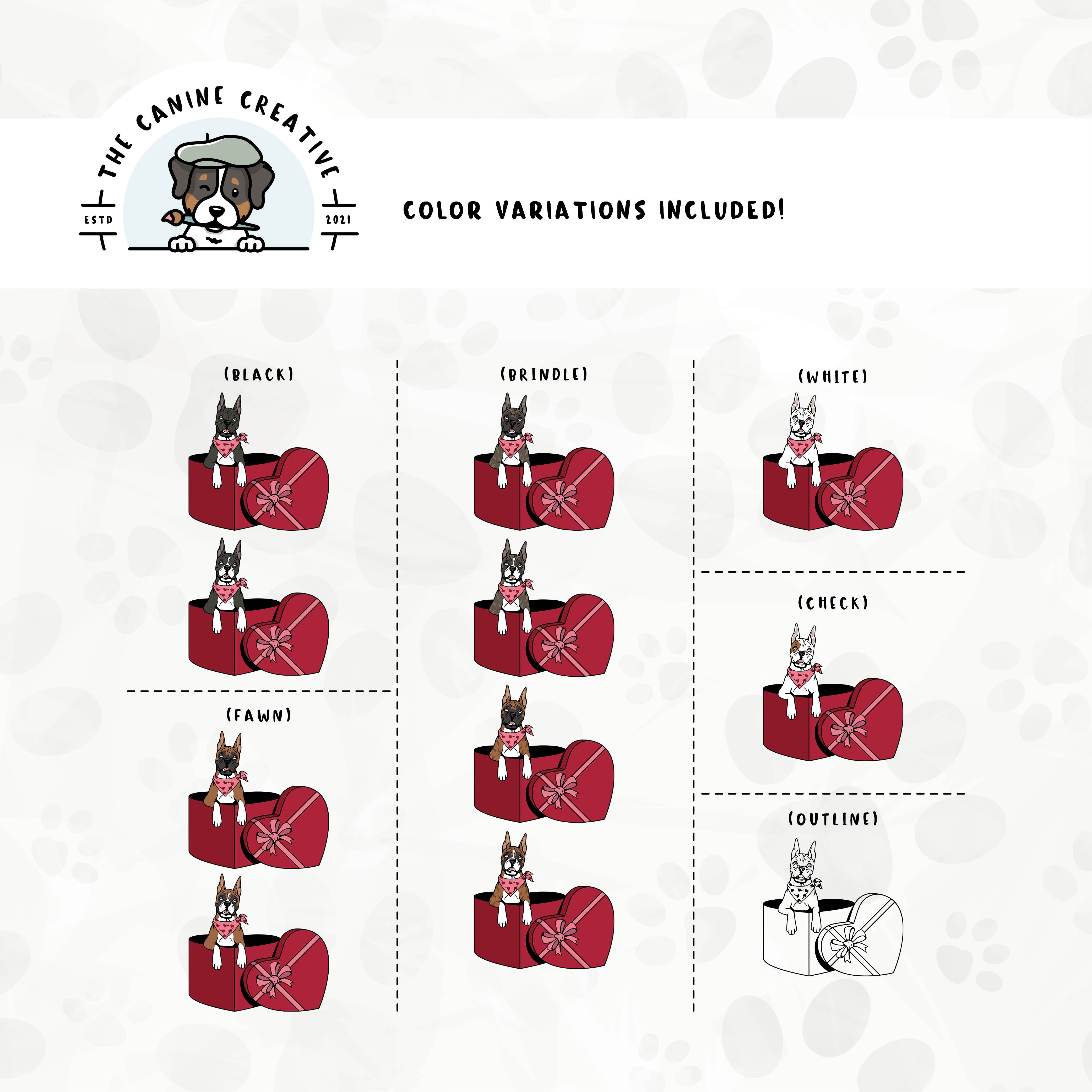 Dog color variations for this Boxer dog design set includes common color and marking variations found in this breed (white, fawn, black, brindle, flashy, classic, and check), as well as an outline option.