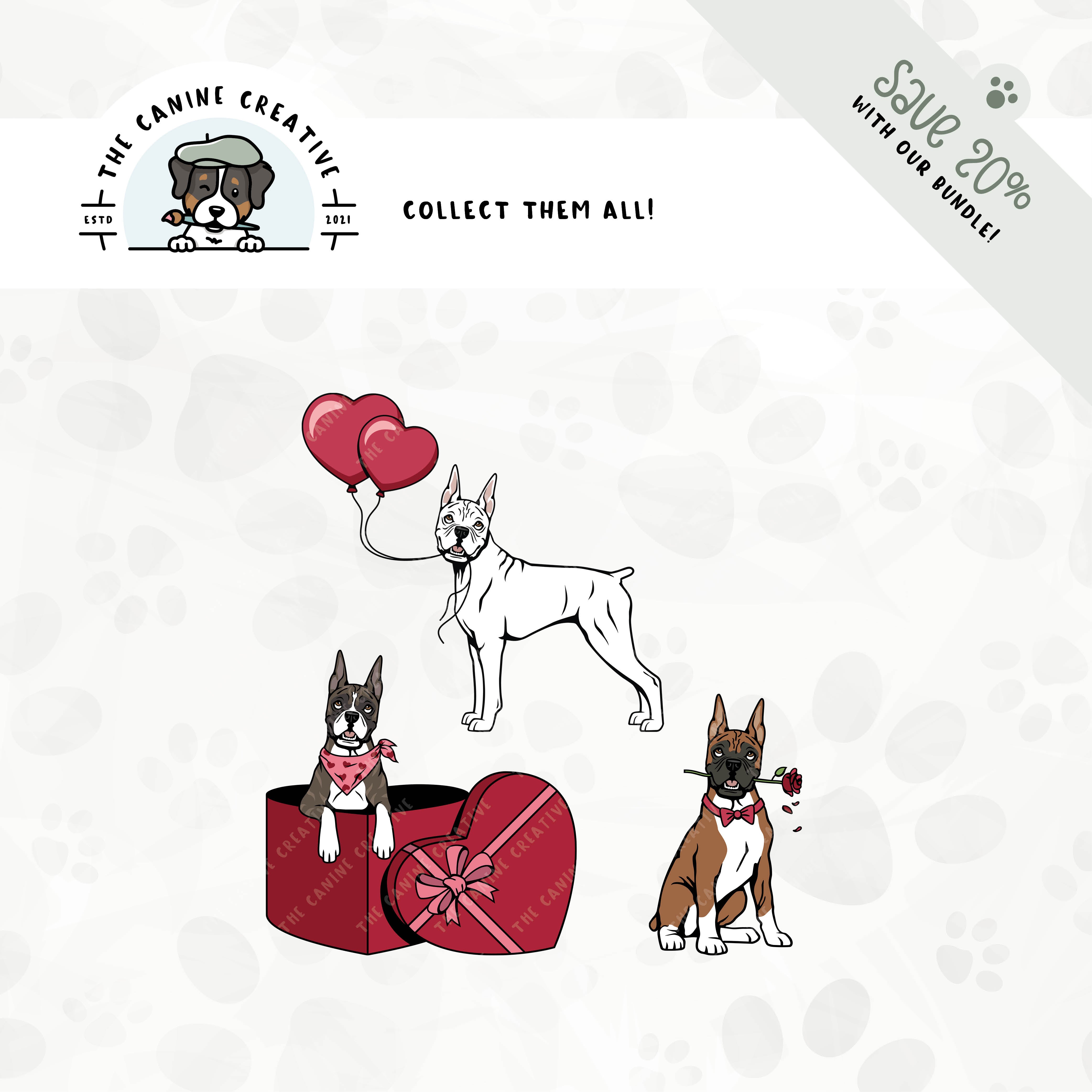 Save 20% with our related 3-pack puppy love design bundle featuring Boxer dogs with cropped ears and docked tails!