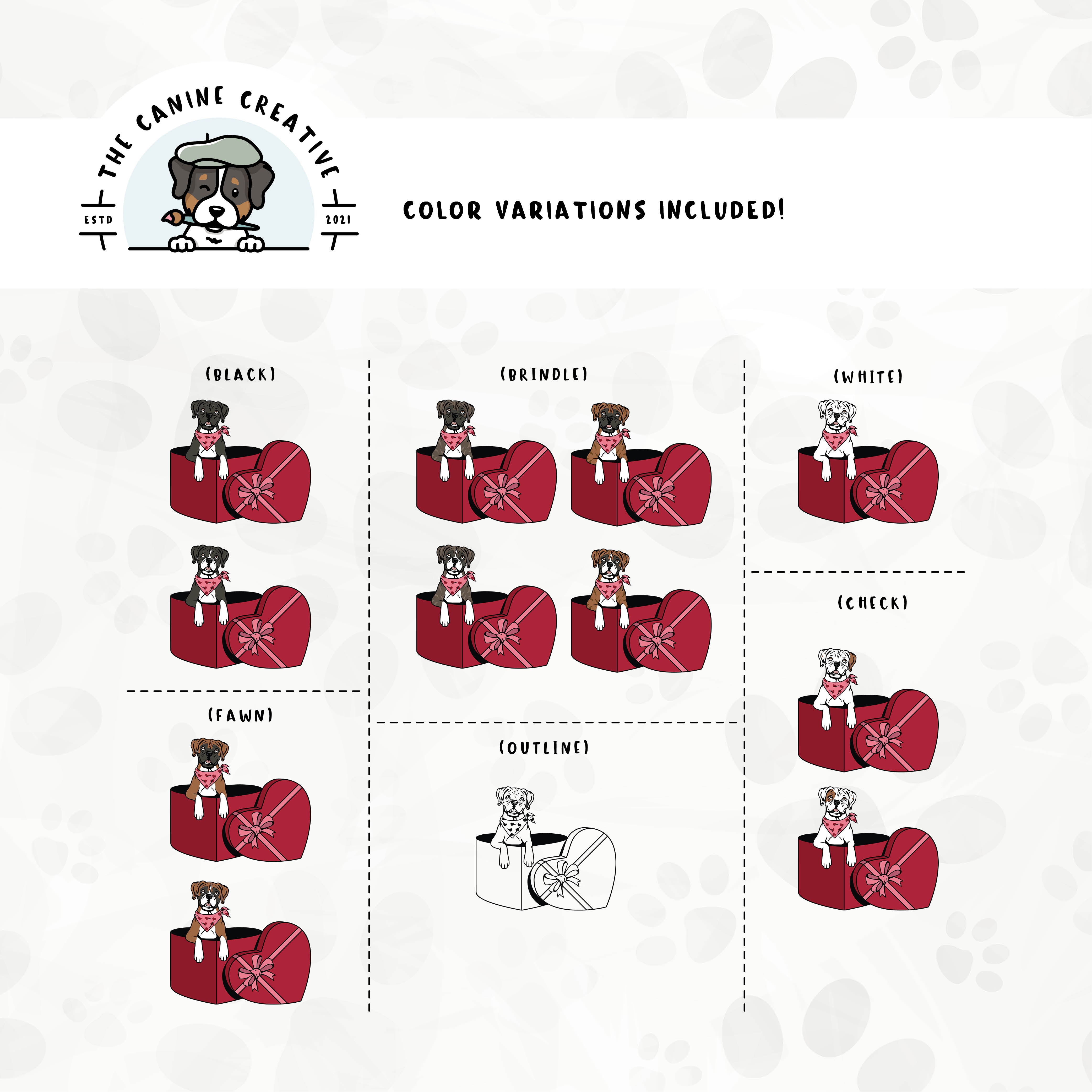 Dog color variations for this Boxer dog design set includes common color and marking variations found in this breed (white, fawn, black, brindle, flashy, classic, and check), as well as an outline option.