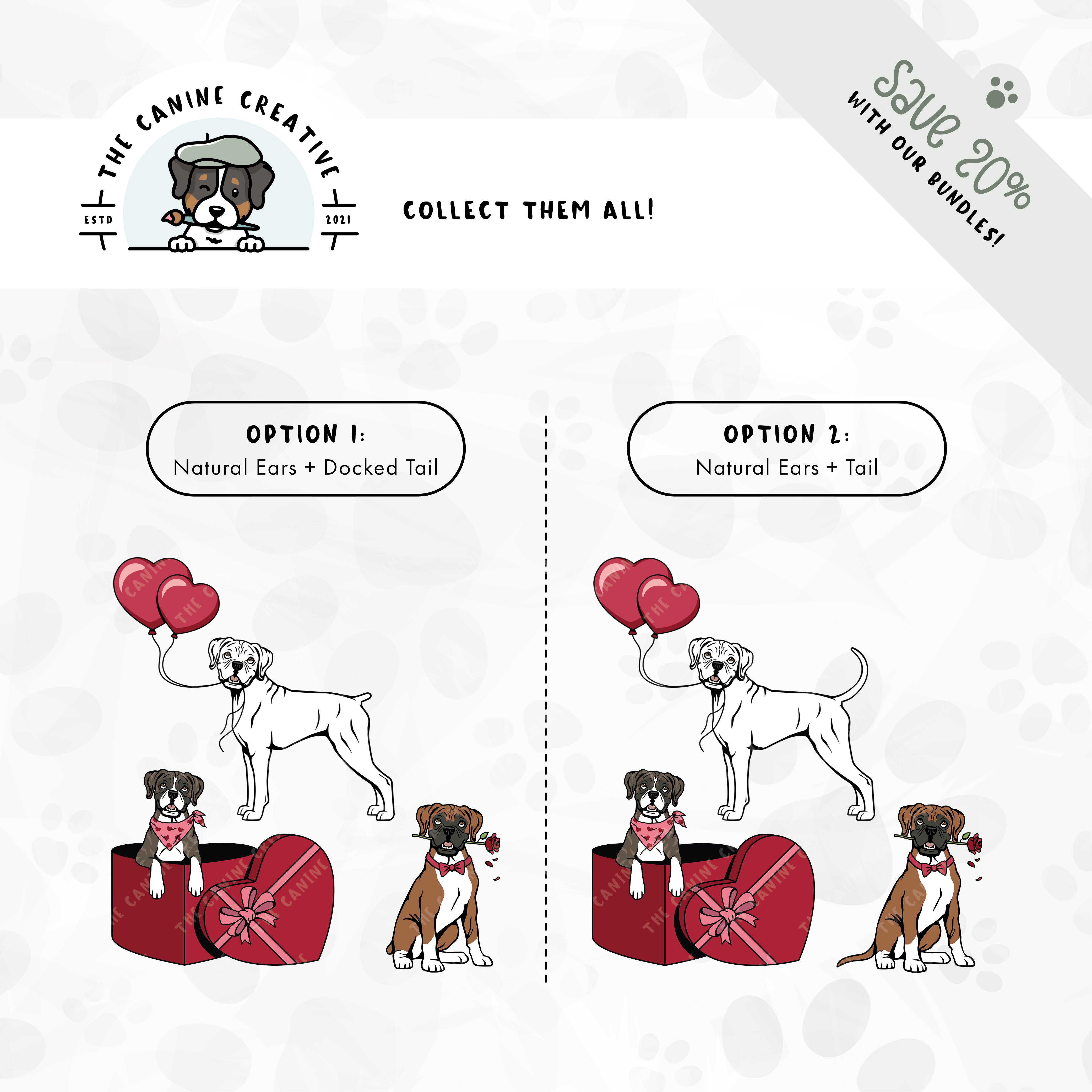 Save 20% with one of our related 3-pack puppy love design bundles featuring Boxer dogs with floppy ears and either docked tails or long tails!