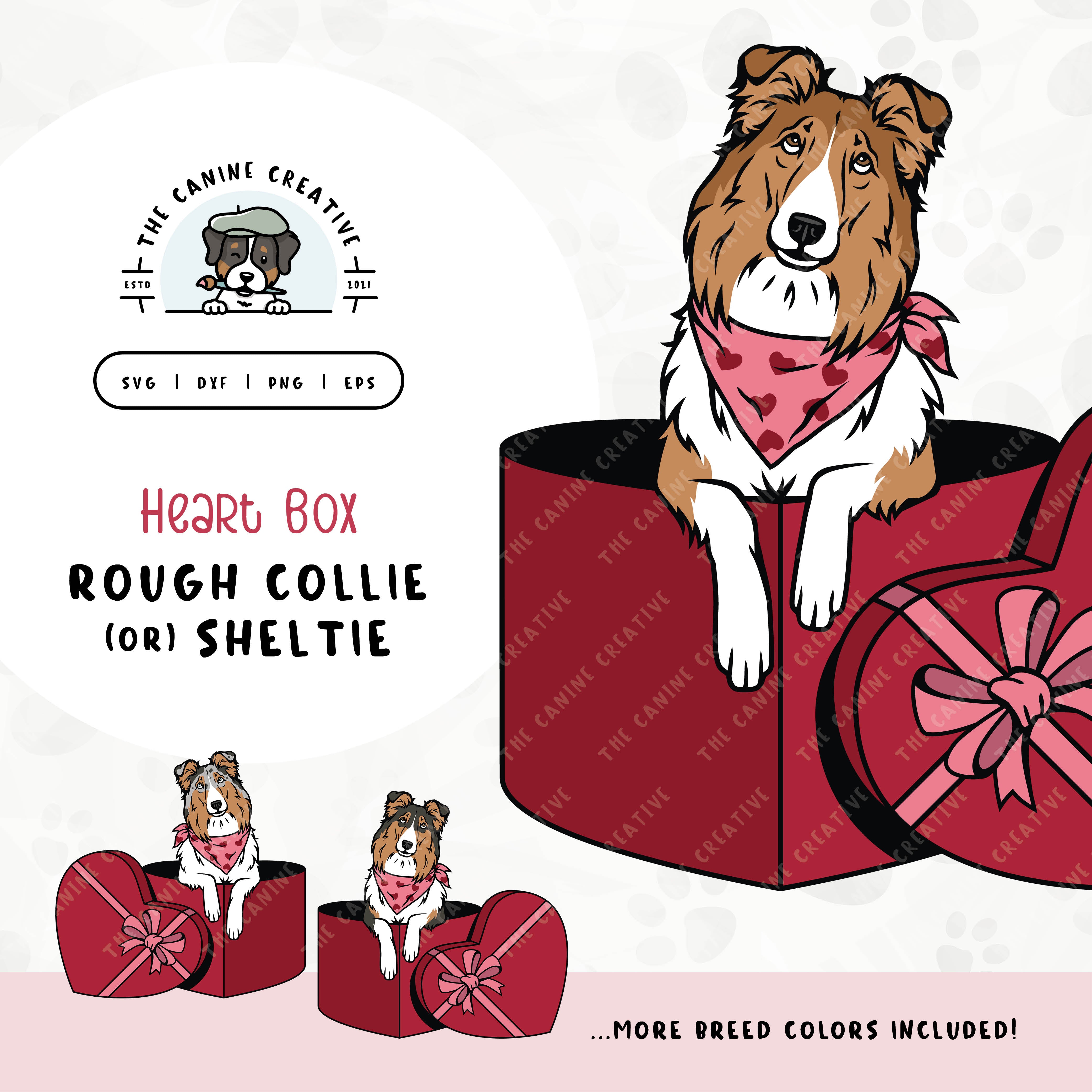 This charming Rough Collie/Shetland Sheepdog illustration features a peeking dog in a heart-shaped box. File formats include: SVG, DXF, PNG, and EPS.