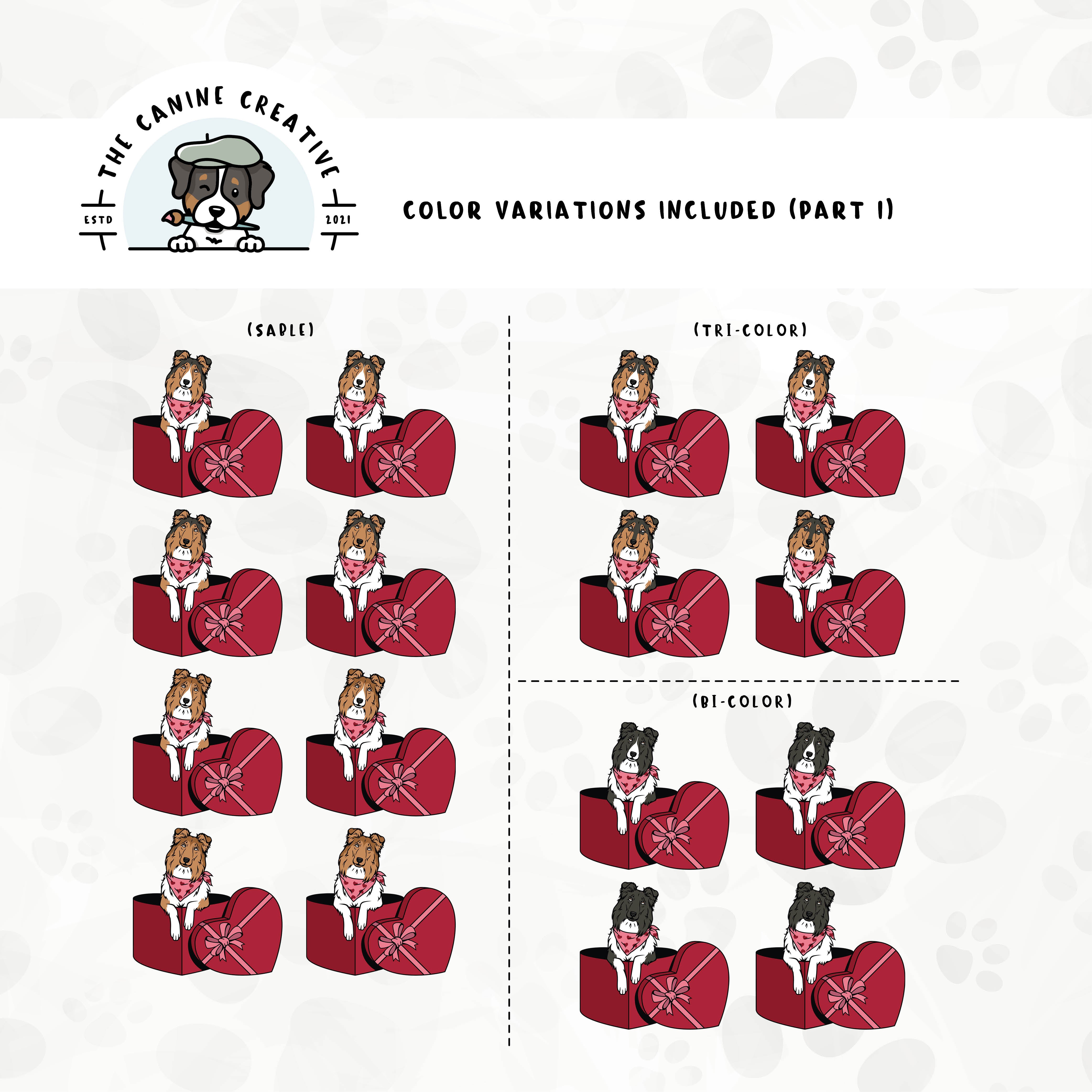 Part 1 of dog color variations for this Rough Collie/Sheltie design bundle includes bi-black, sable, and tri-color in standard and white-factored markings.