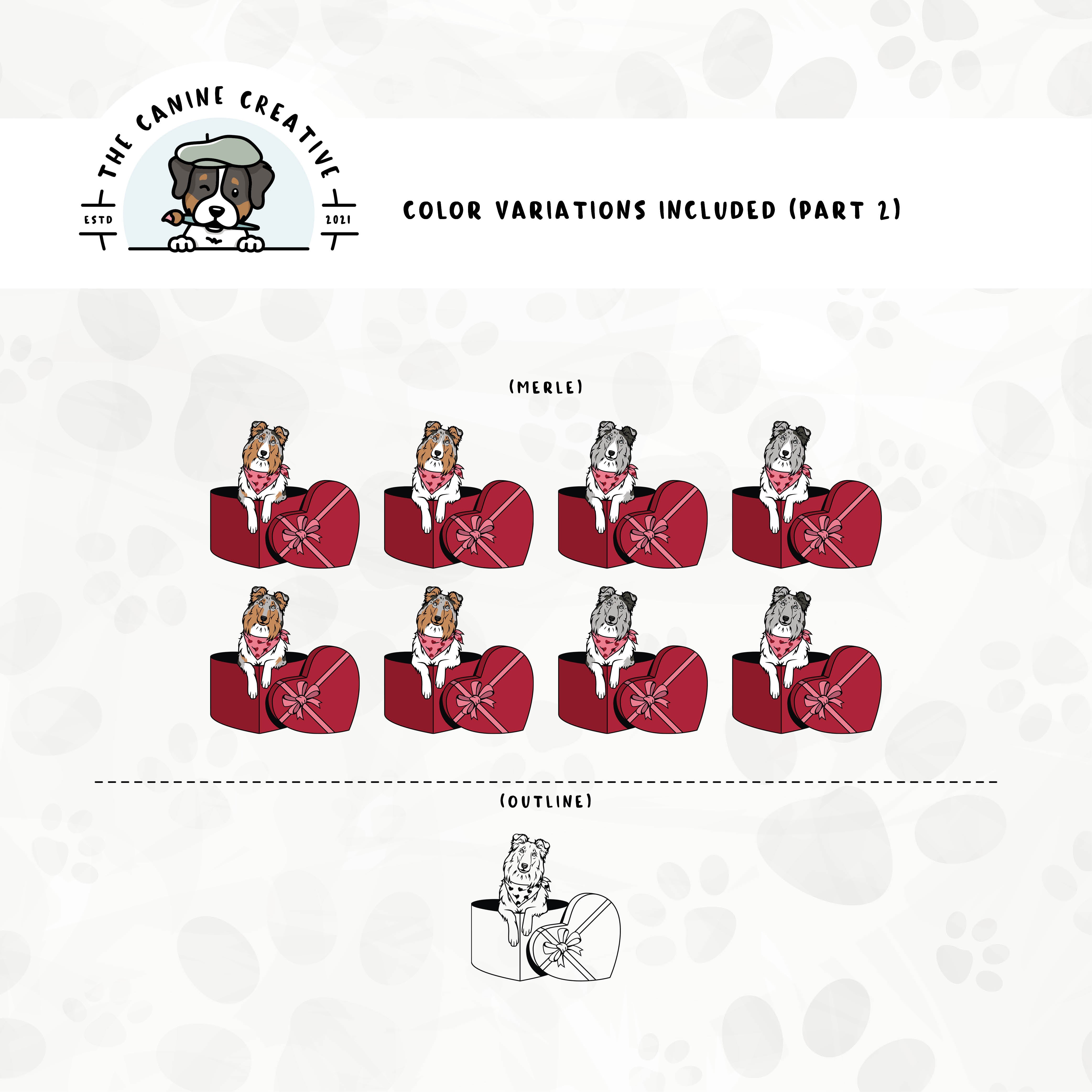 Part 2 of dog color variations for this Rough Collie/Sheltie design bundle includes bi-blue and merle in standard and white-factored markings as well as an outline version.