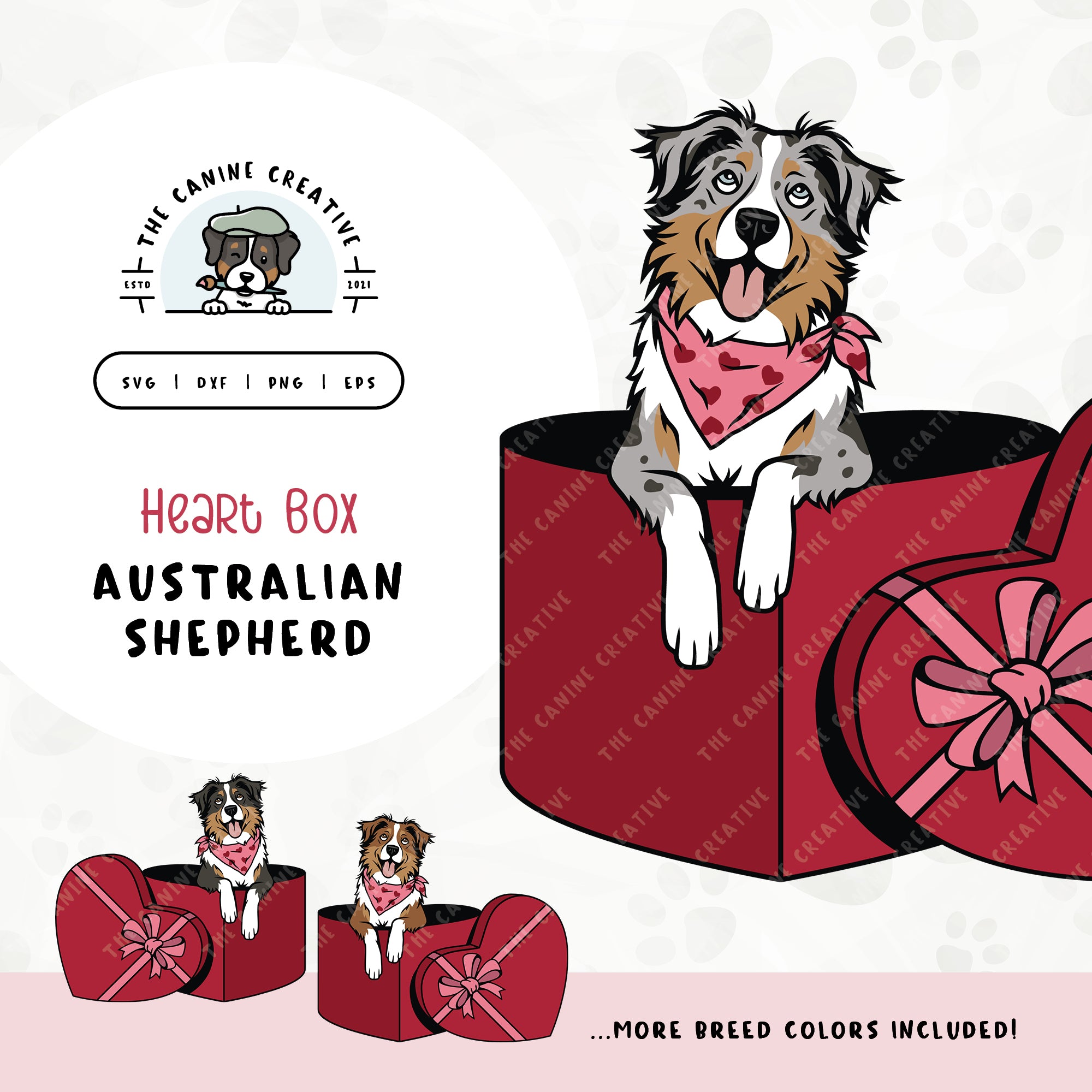 This charming Australian Shepherd illustration features a peeking dog in a heart-shaped box. File formats include: SVG, DXF, PNG, and EPS.