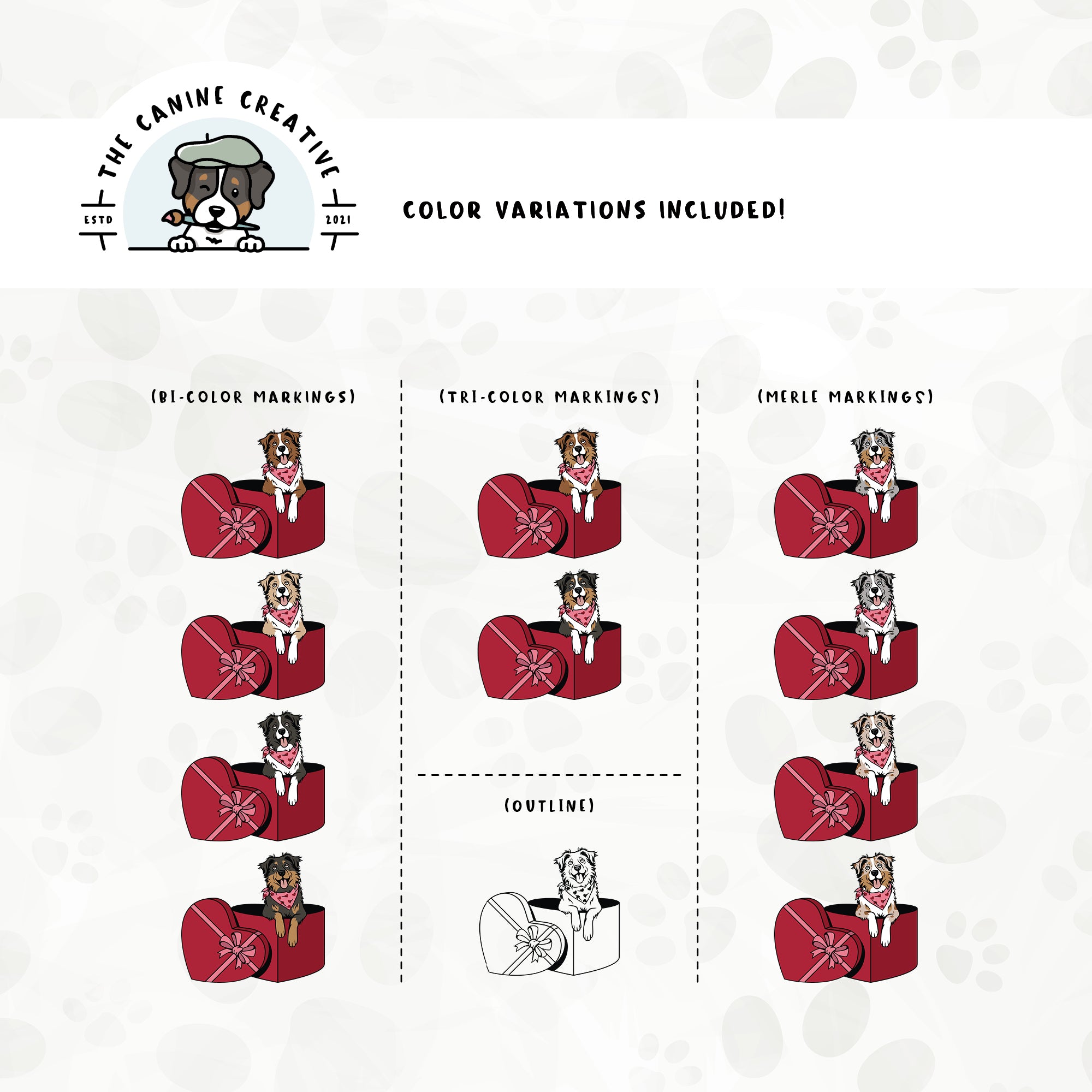 Dog color variations for this design set includes common color and marking variations found in Aussies (bi, tri, and Merle), as well as an outline option. 