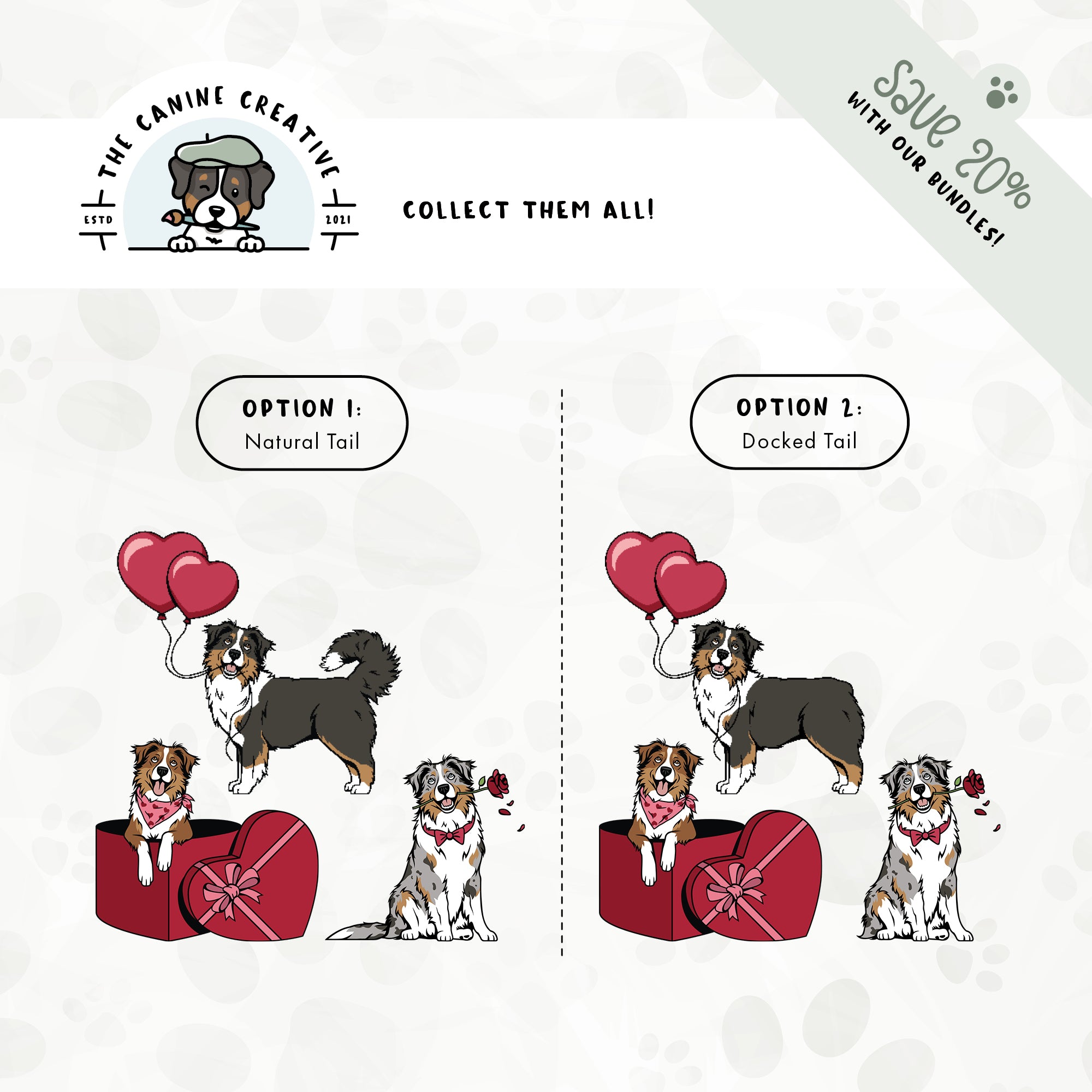Save 20% with one of our related 3-pack puppy love design bundles featuring Australian Shepherds with long or docked tails!