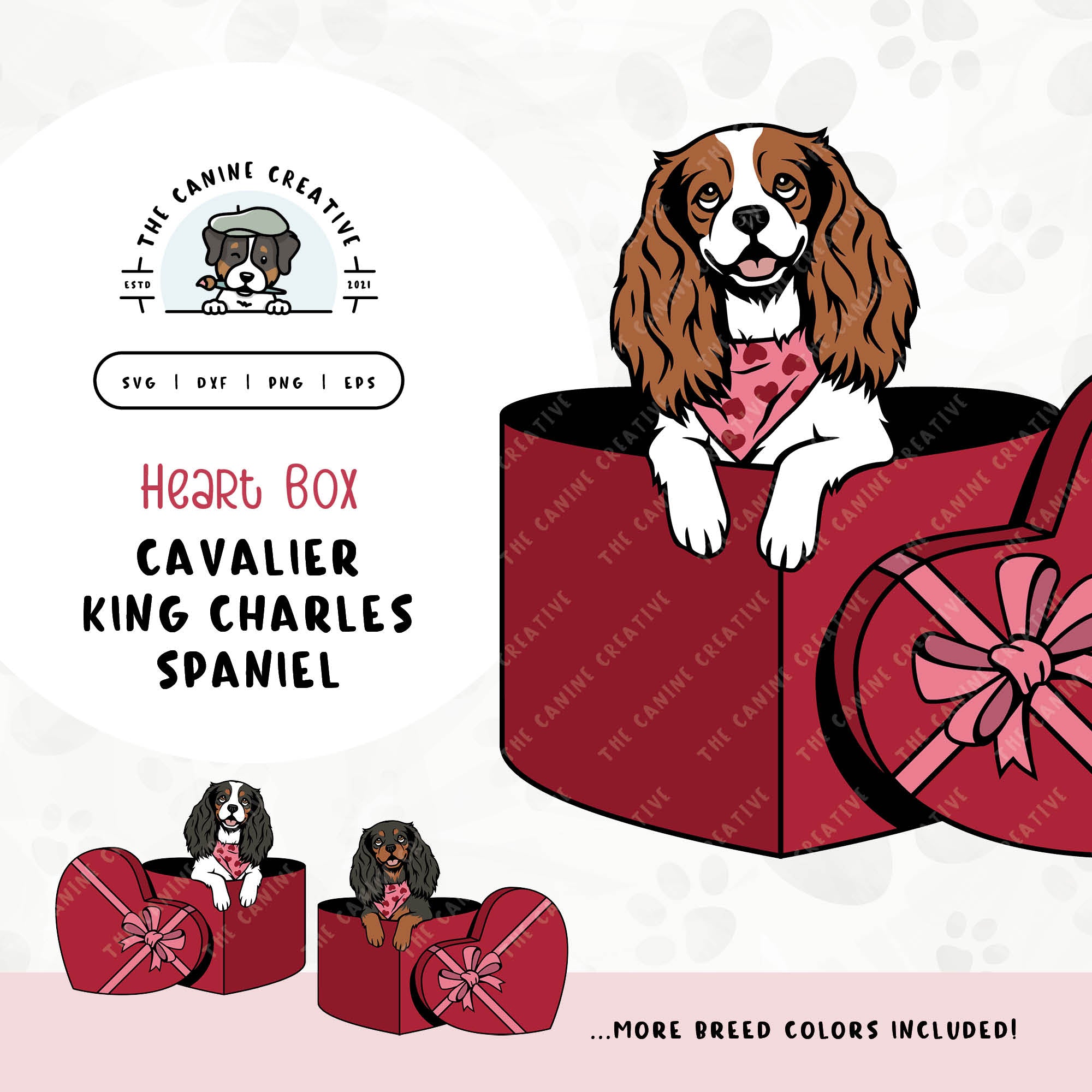 This charming Cavalier King Charles Spaniel illustration features a peeking dog in a heart-shaped box. File formats include: SVG, DXF, PNG, and EPS.