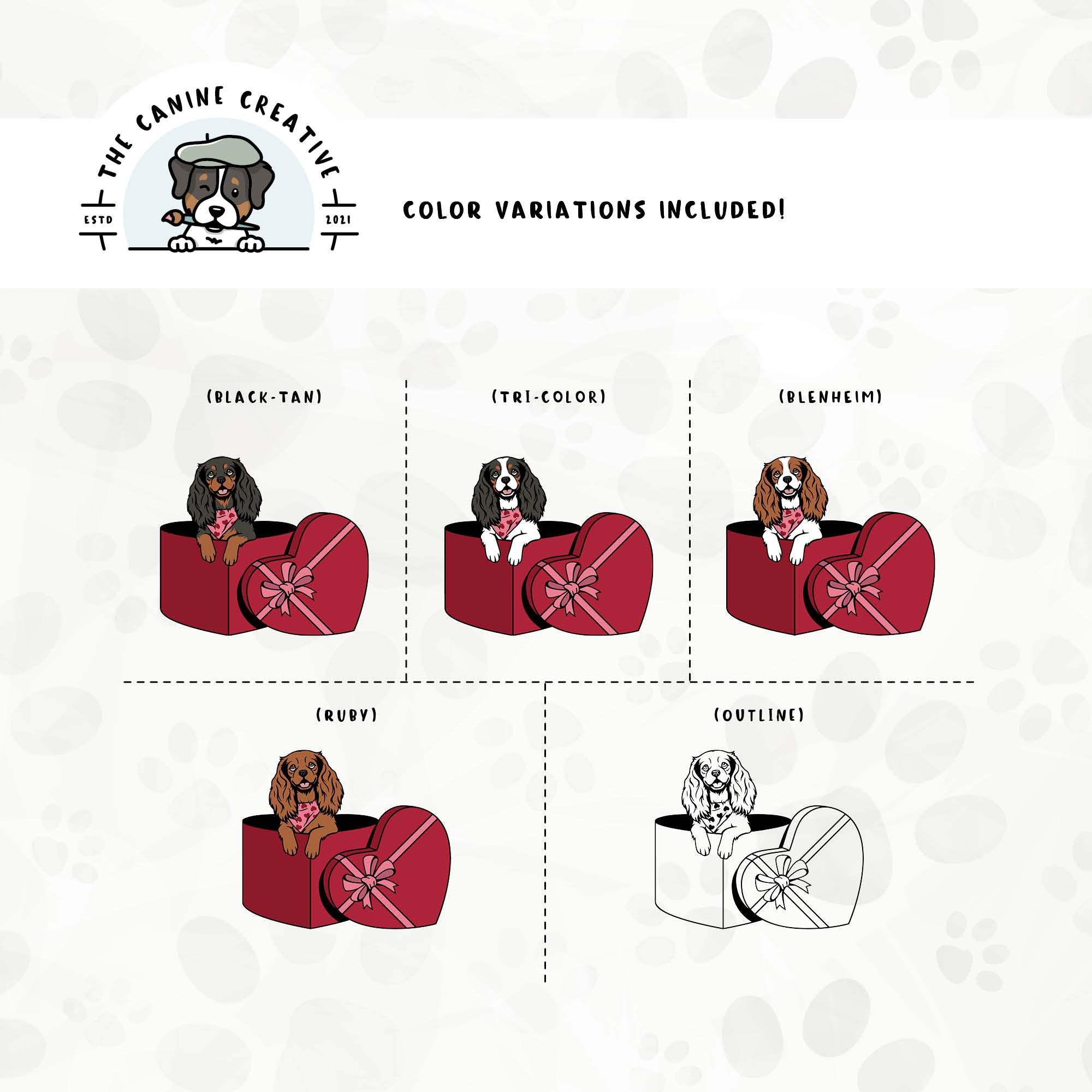 Dog color variations for this Cavalier King Charles Spaniel design set includes common color and marking variations found in this breed (blenheim, tri-color, black-tan, and ruby), as well as an outline option.