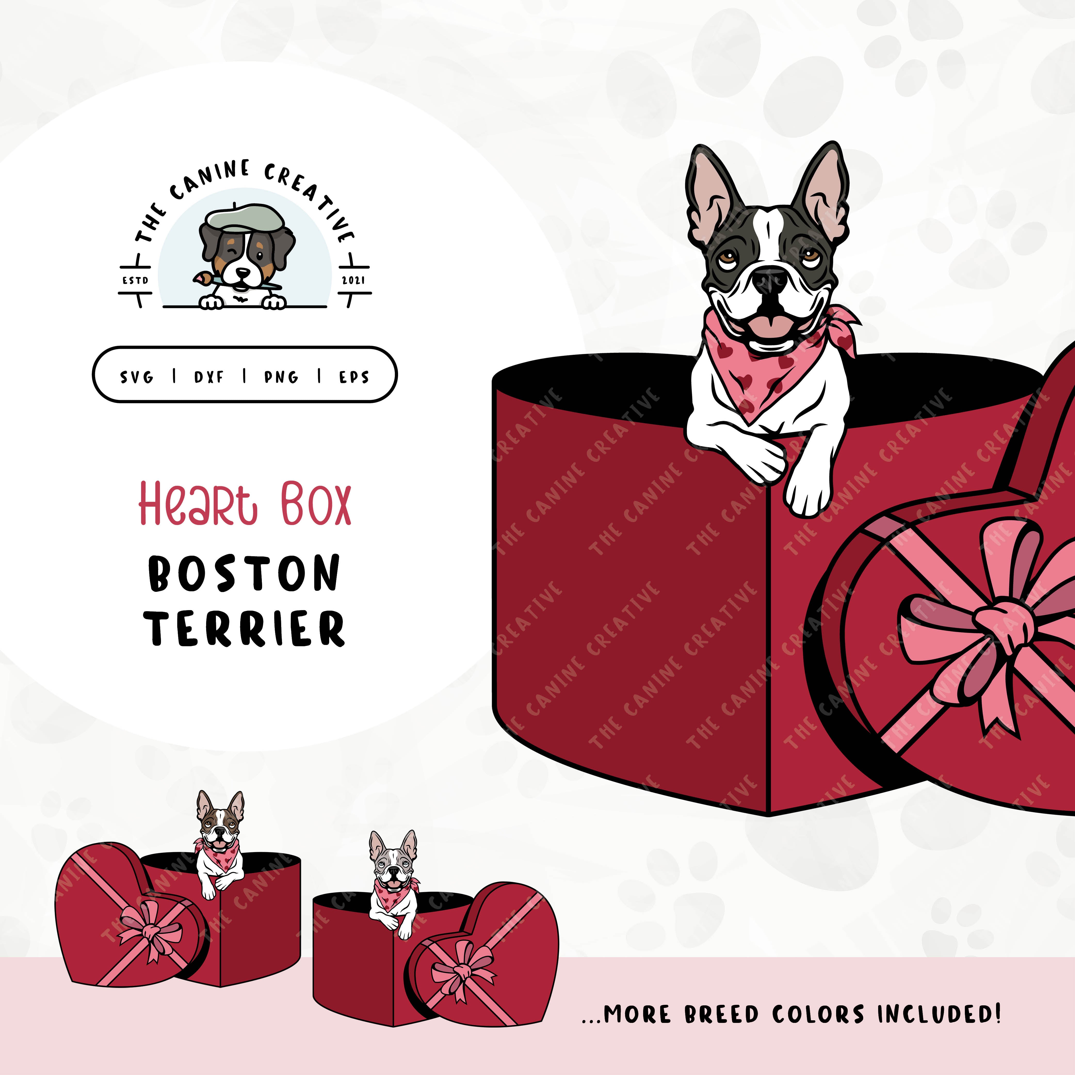 This charming Boston Terrier illustration features a peeking dog in a heart-shaped box. File formats include: SVG, DXF, PNG, and EPS.