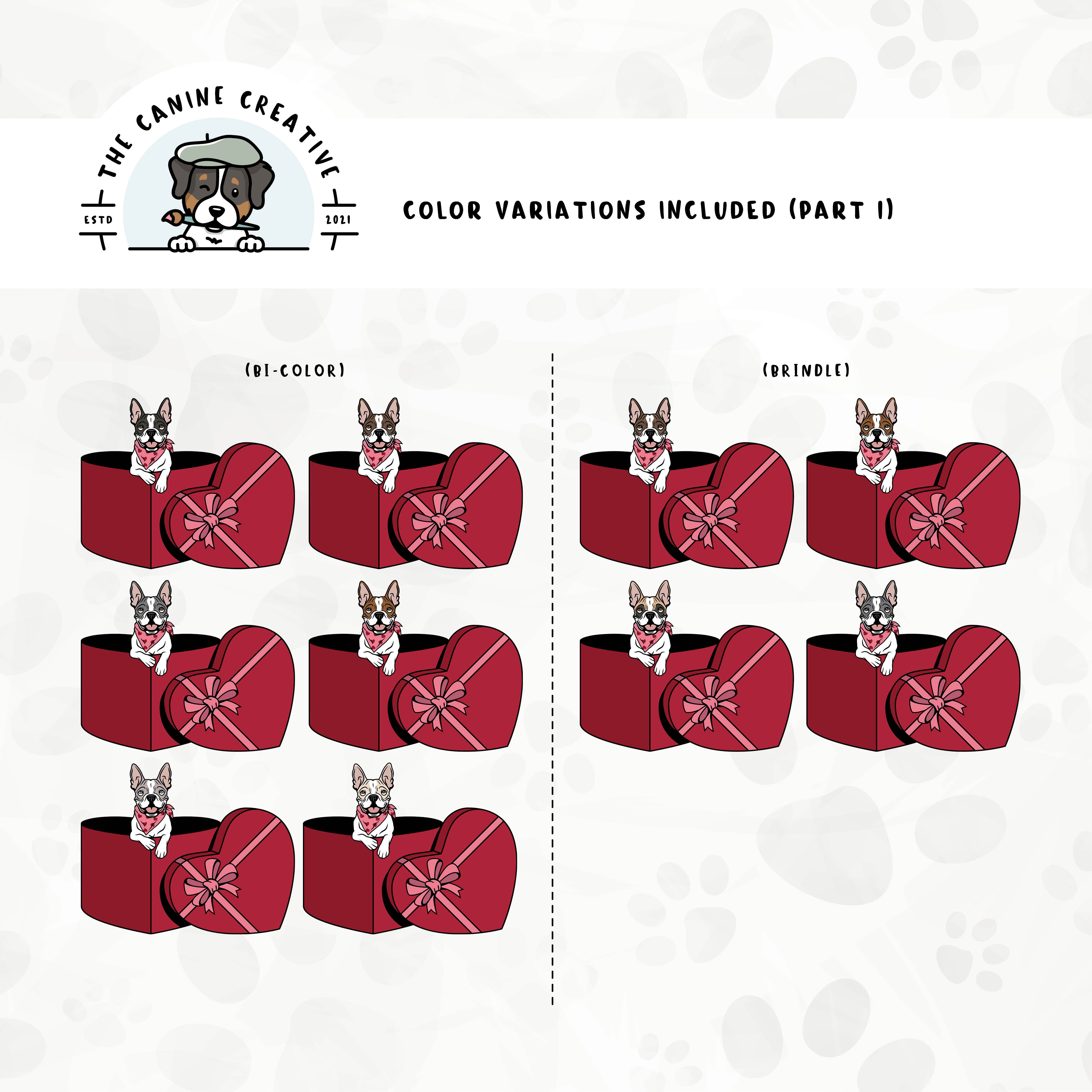 Part 1 of dog color variations for this Boston design set includes multiple bi-color options and brindle  markings.