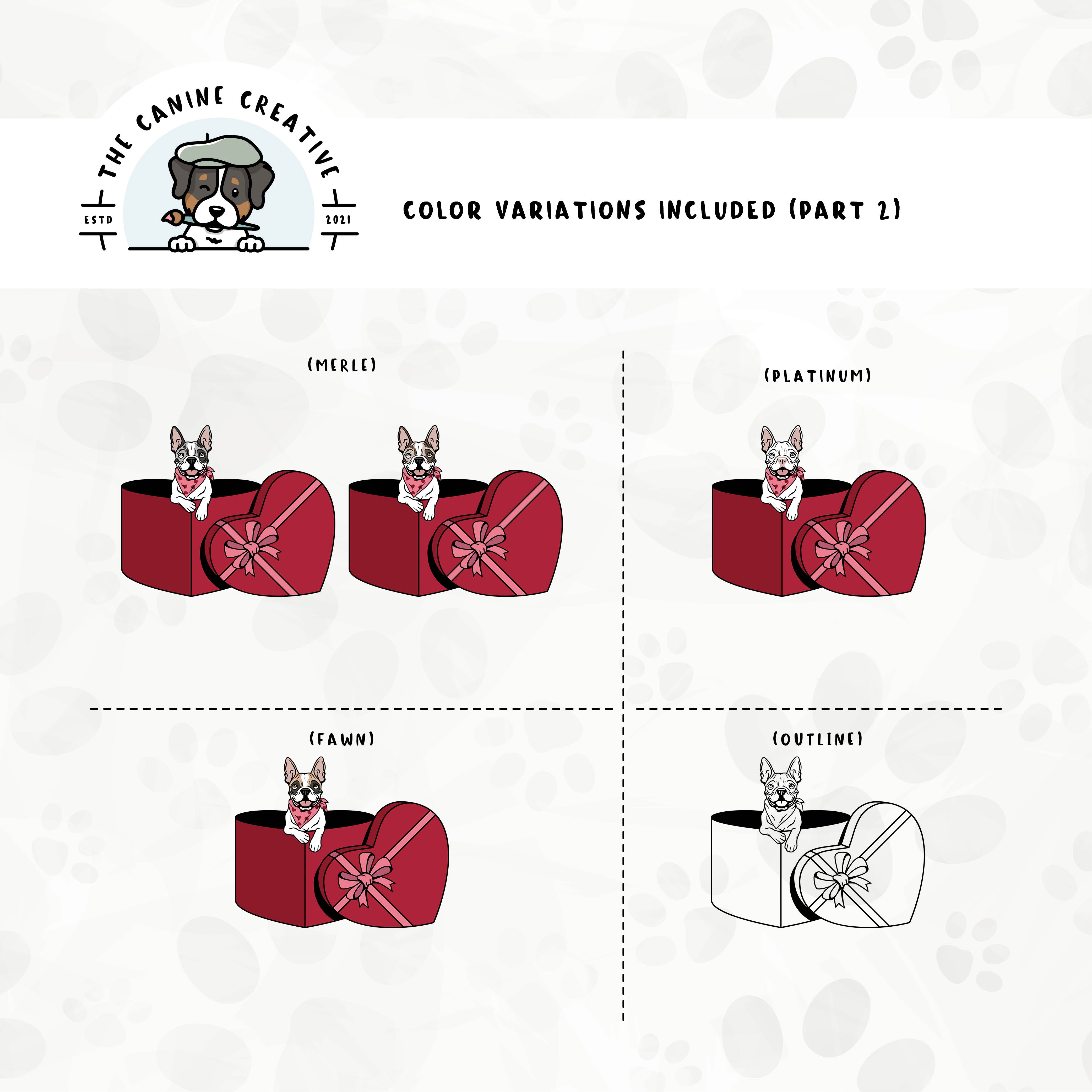 Part 1 of dog color variations for this Boston design set includes multiple bi-color options in standard and splash markings.