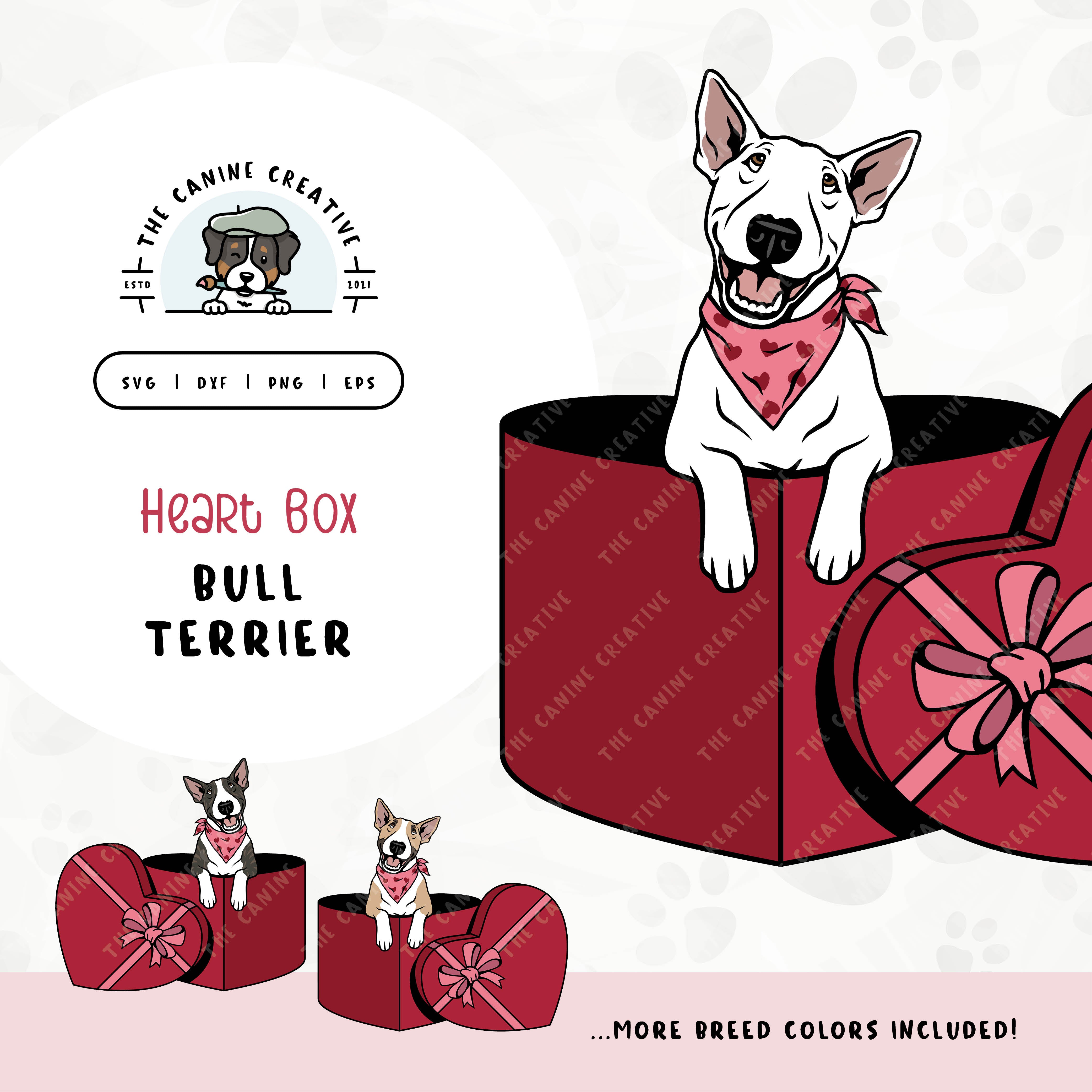 This charming Bull Terrier illustration features a peeking dog in a heart-shaped box. File formats include: SVG, DXF, PNG, and EPS.