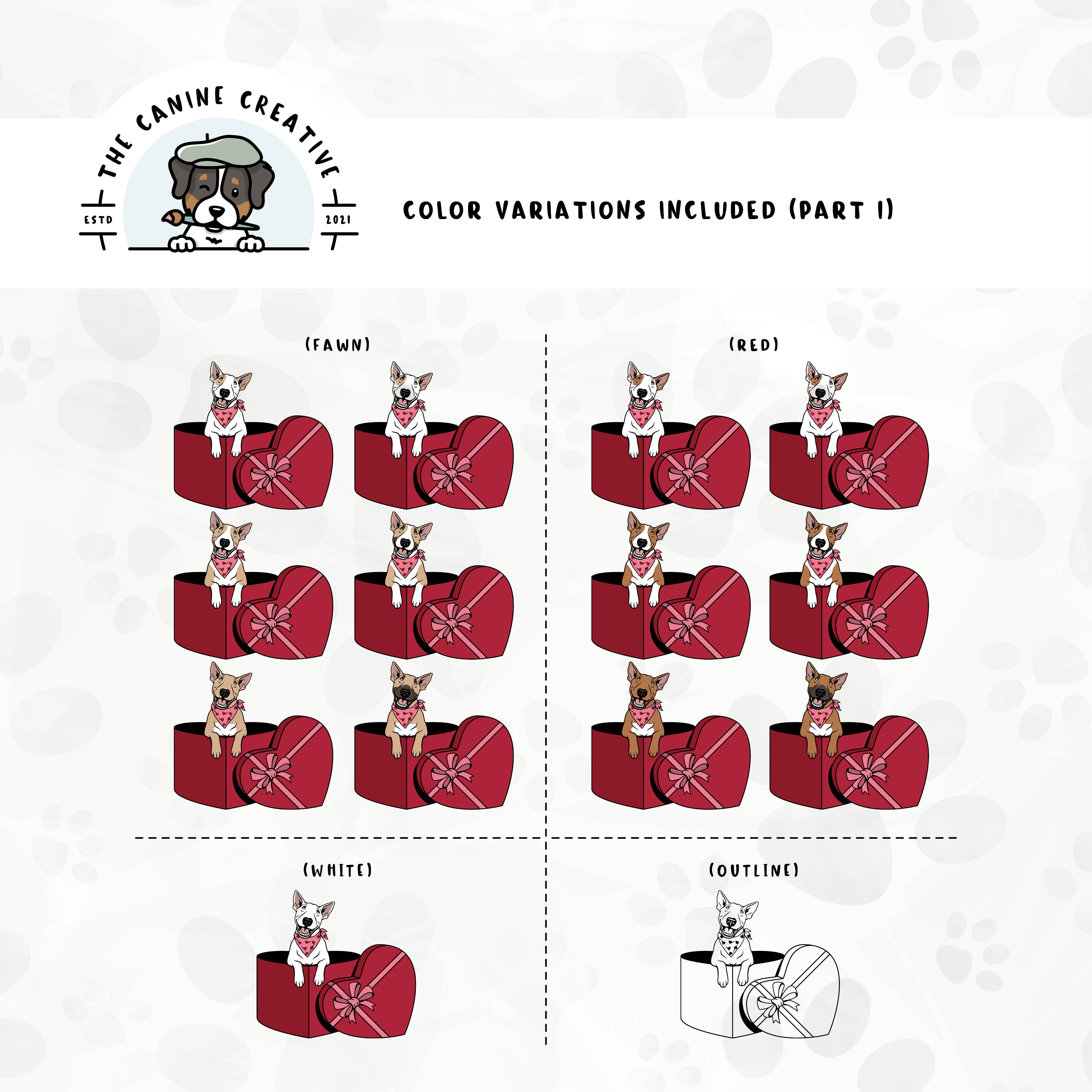 Part 1 of dog color variations for this design set includes common color and marking variations found in this Bully breed (white, bi-color, and smut), as well as an outline option.an outline option.