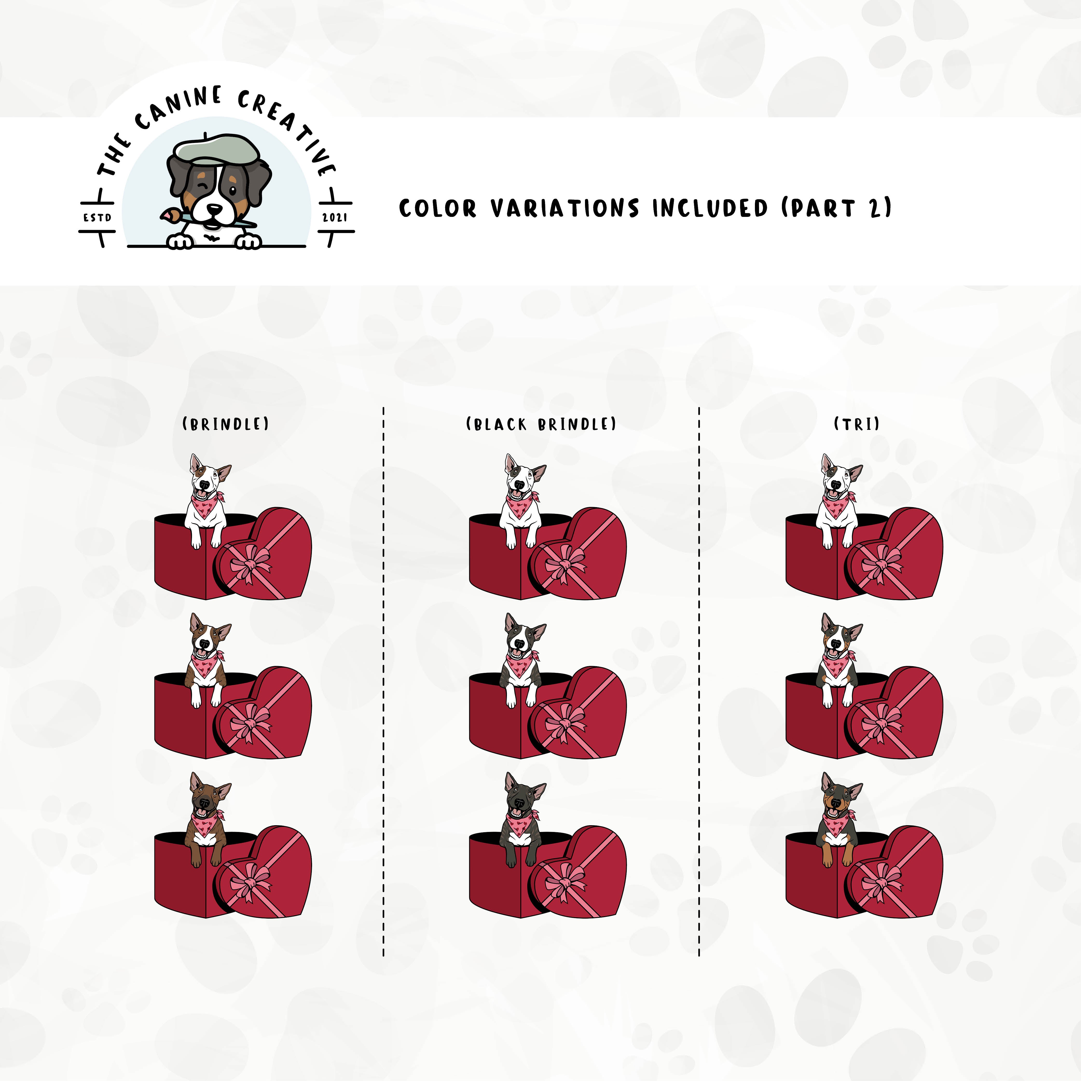 Part 2 of dog color variations for this design set includes common color and marking variations found in this Bully breed (brindle and tri-color).