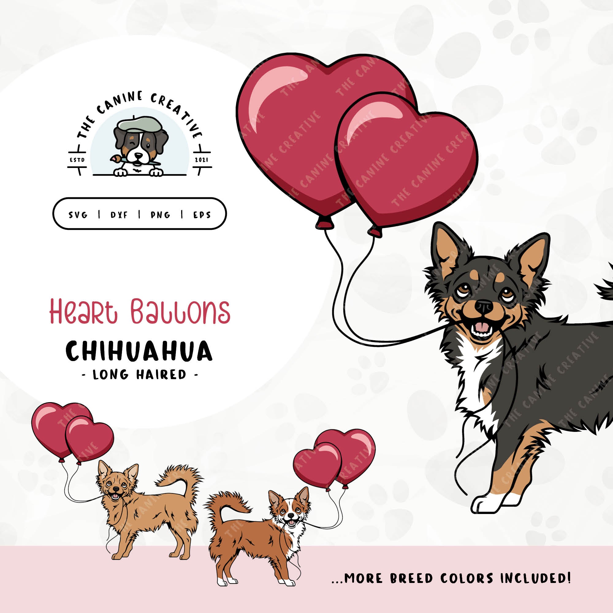This charming illustration of a Long Haired Chihuahua features a dog holding heart-shaped balloons. File formats include: SVG, DXF, PNG, and EPS.