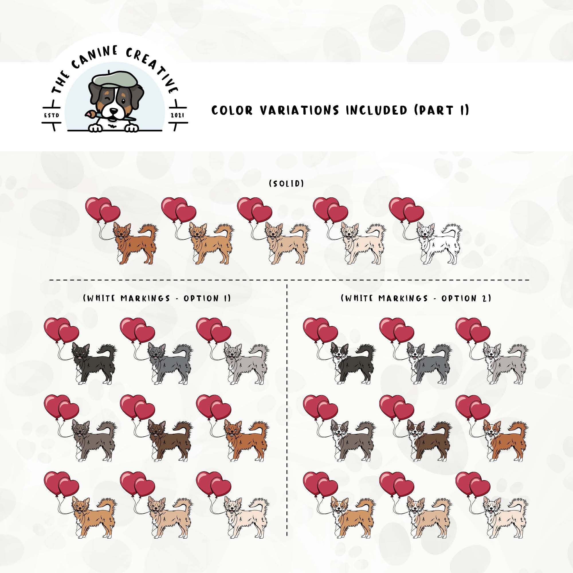 Part 1 of this design set includes common Chihuahua colors, both solid and with white markings.
