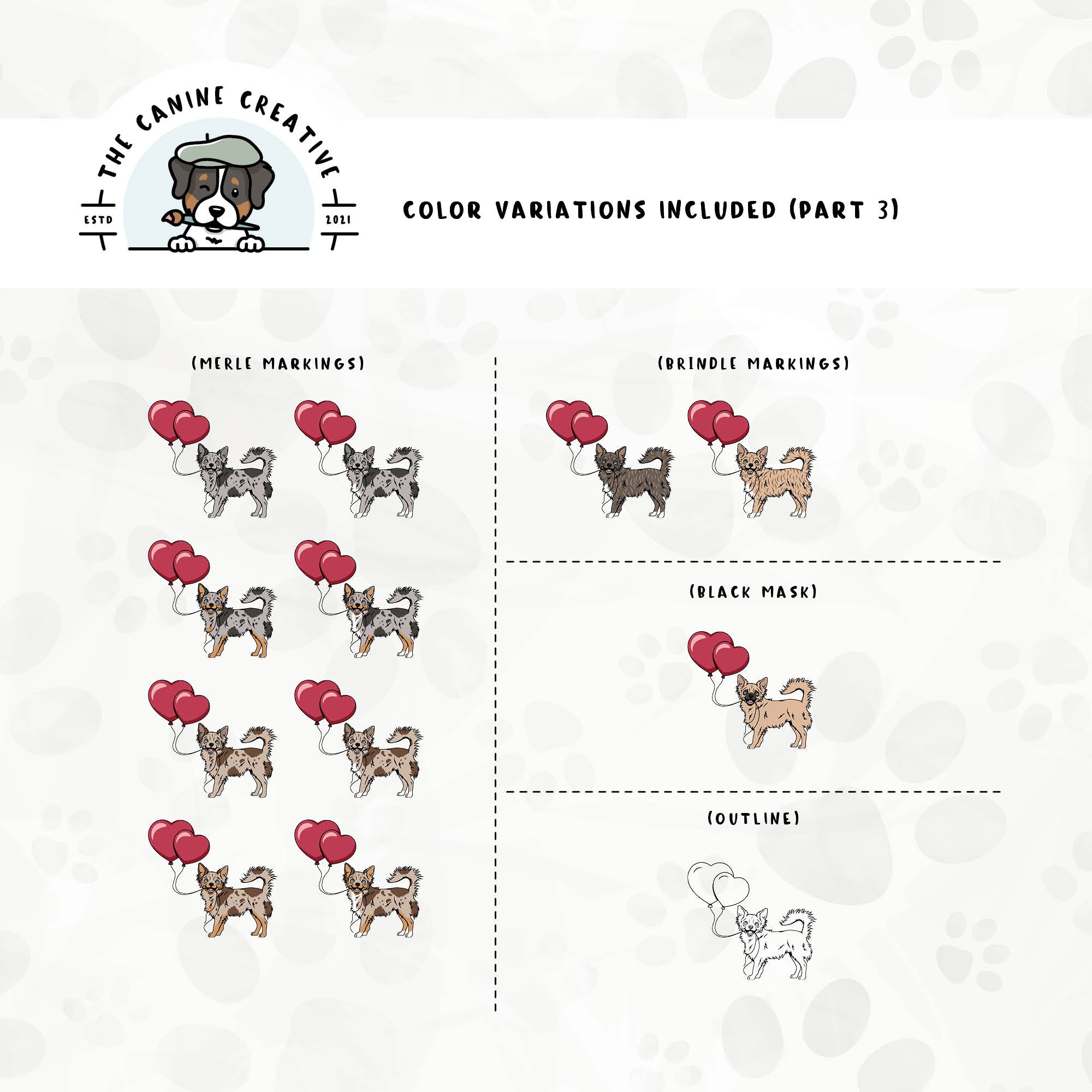 Part 3 of this design set includes Chihuahuas with merle, brindle, and black mask markings, along with an outline option.