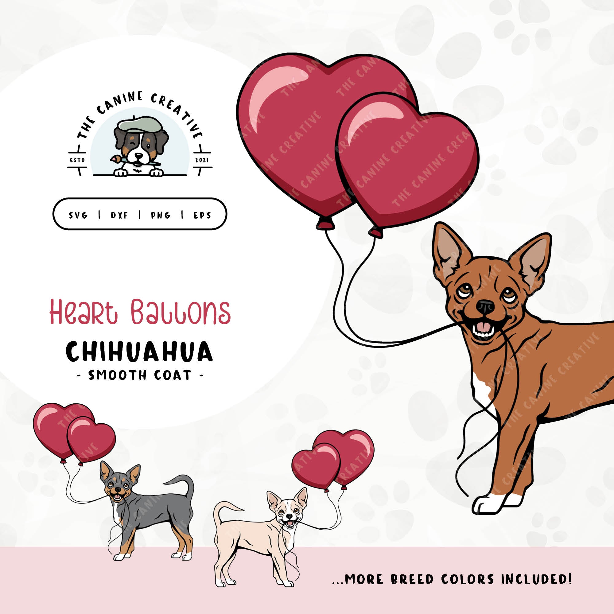 This charming illustration of a Smooth Coat Chihuahua features a dog holding heart-shaped balloons. File formats include: SVG, DXF, PNG, and EPS.