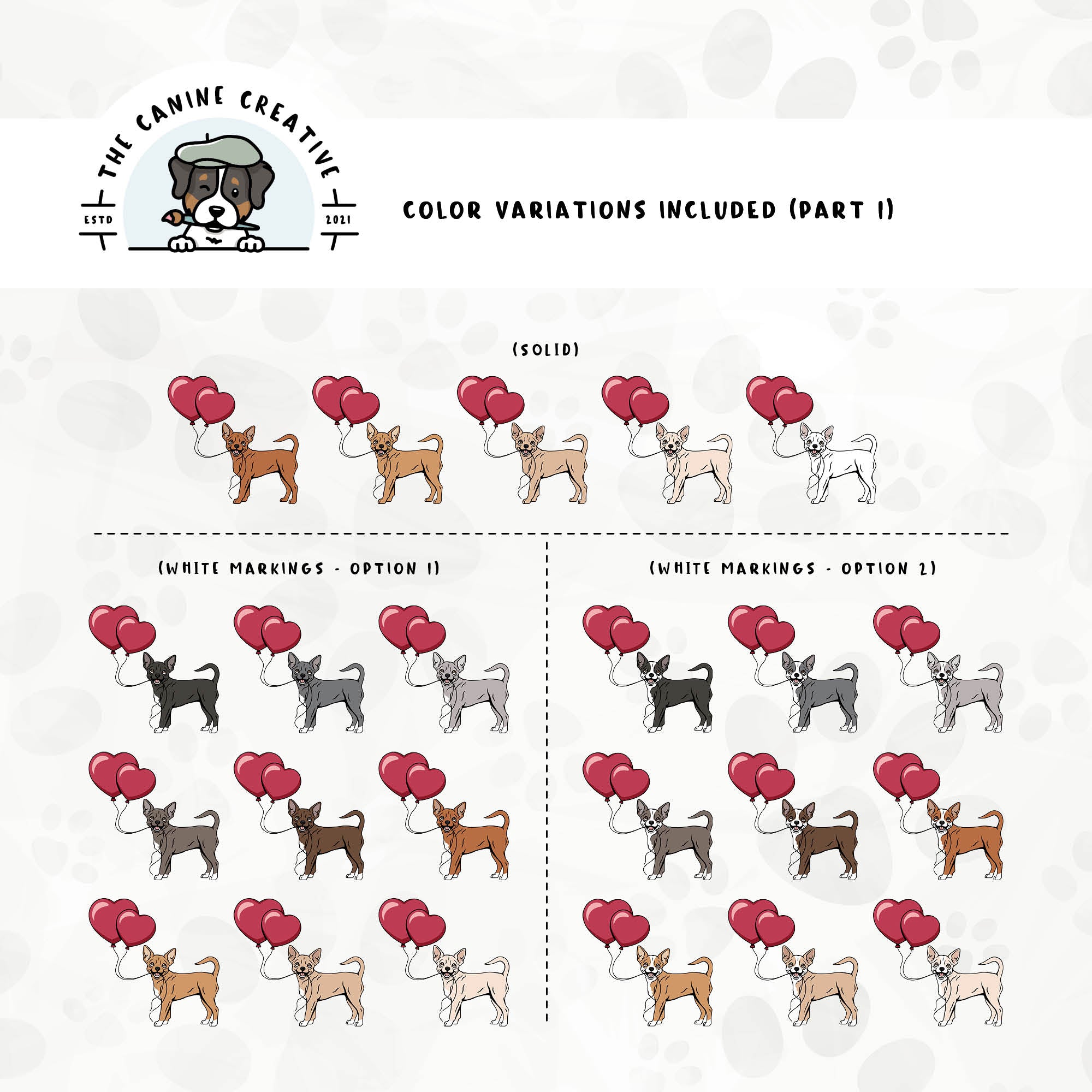 Part 1 of this design set includes common Chihuahua colors, both solid and with white markings.