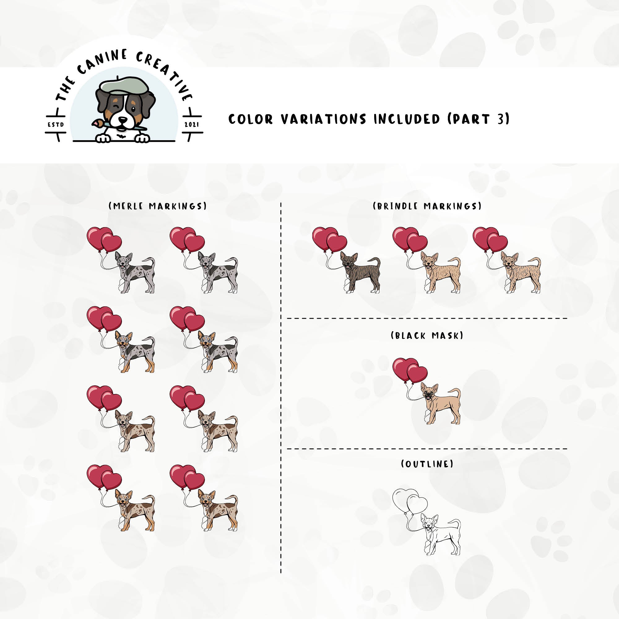 Part 3 of this design set includes Chihuahuas with merle, brindle, and black mask markings, along with an outline option.