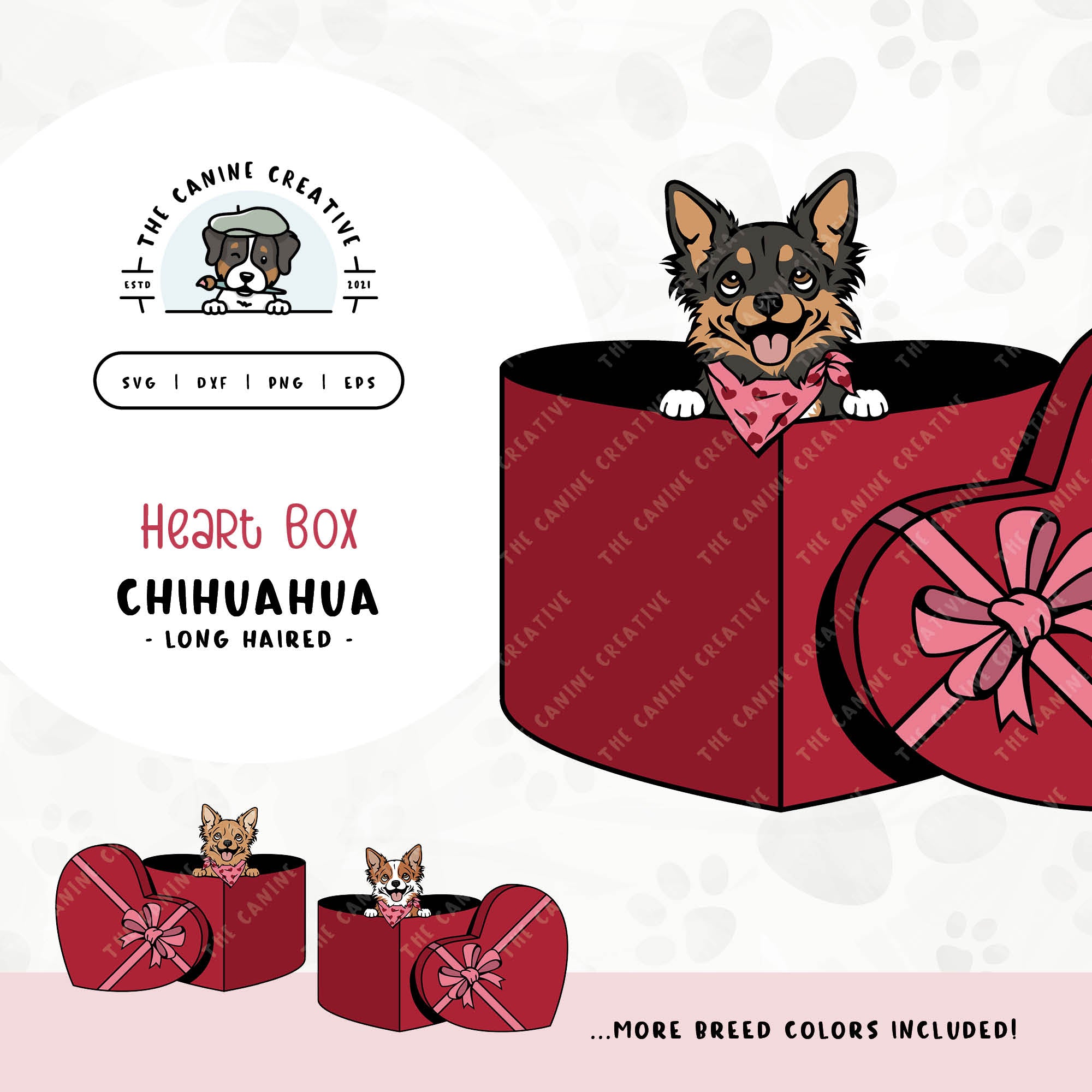 This charming Long Haired Chihuahua illustration features a peeking dog in a heart-shaped box. File formats include: SVG, DXF, PNG, and EPS.