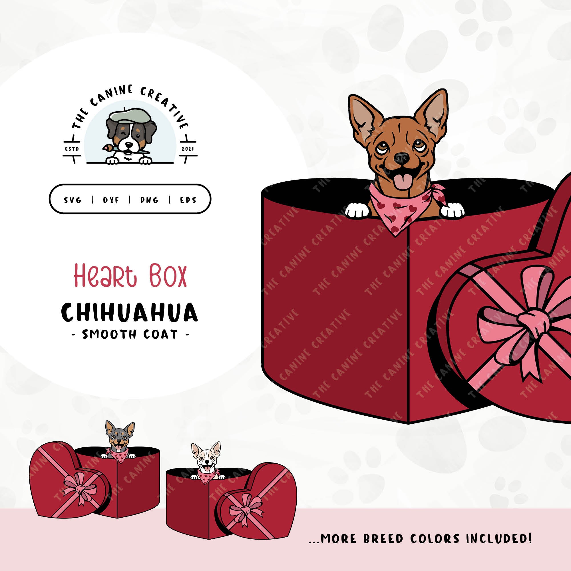 This charming Long Haired Chihuahua illustration features a peeking dog in a heart-shaped box. File formats include: SVG, DXF, PNG, and EPS.