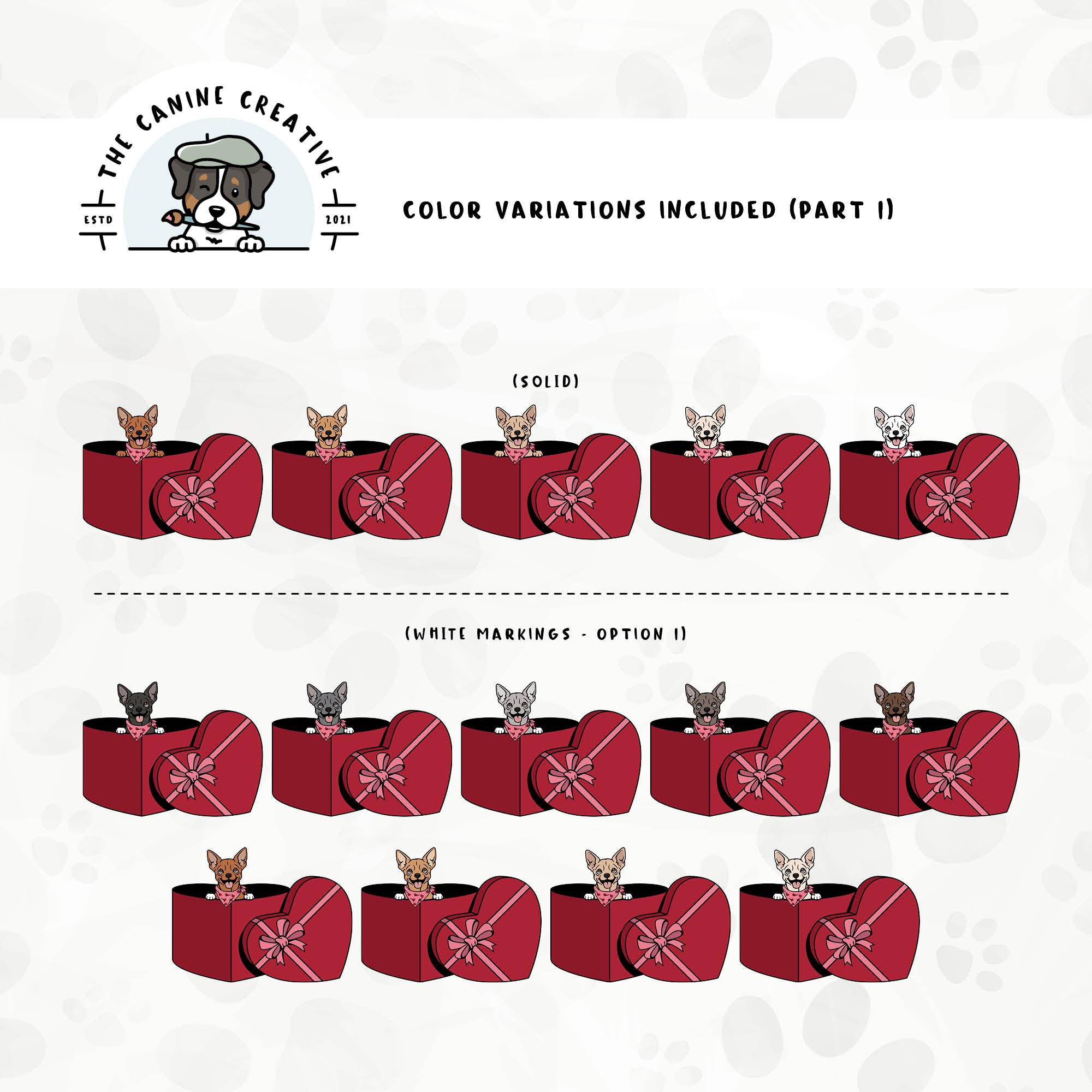 Part 1 of this design set includes common Chihuahua colors, both solid and with white markings.