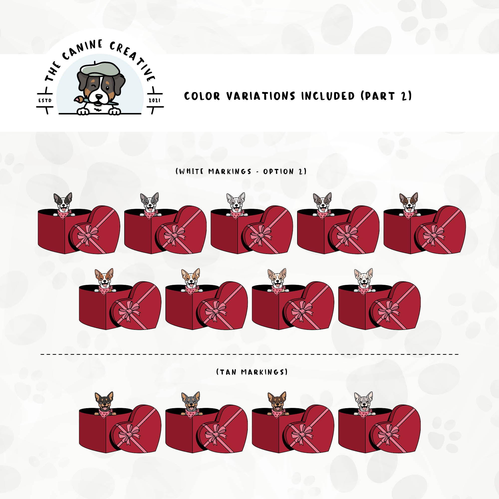 Part 2 of this design set includes common Chihuahua colors, with extensive white markings or tan markings.