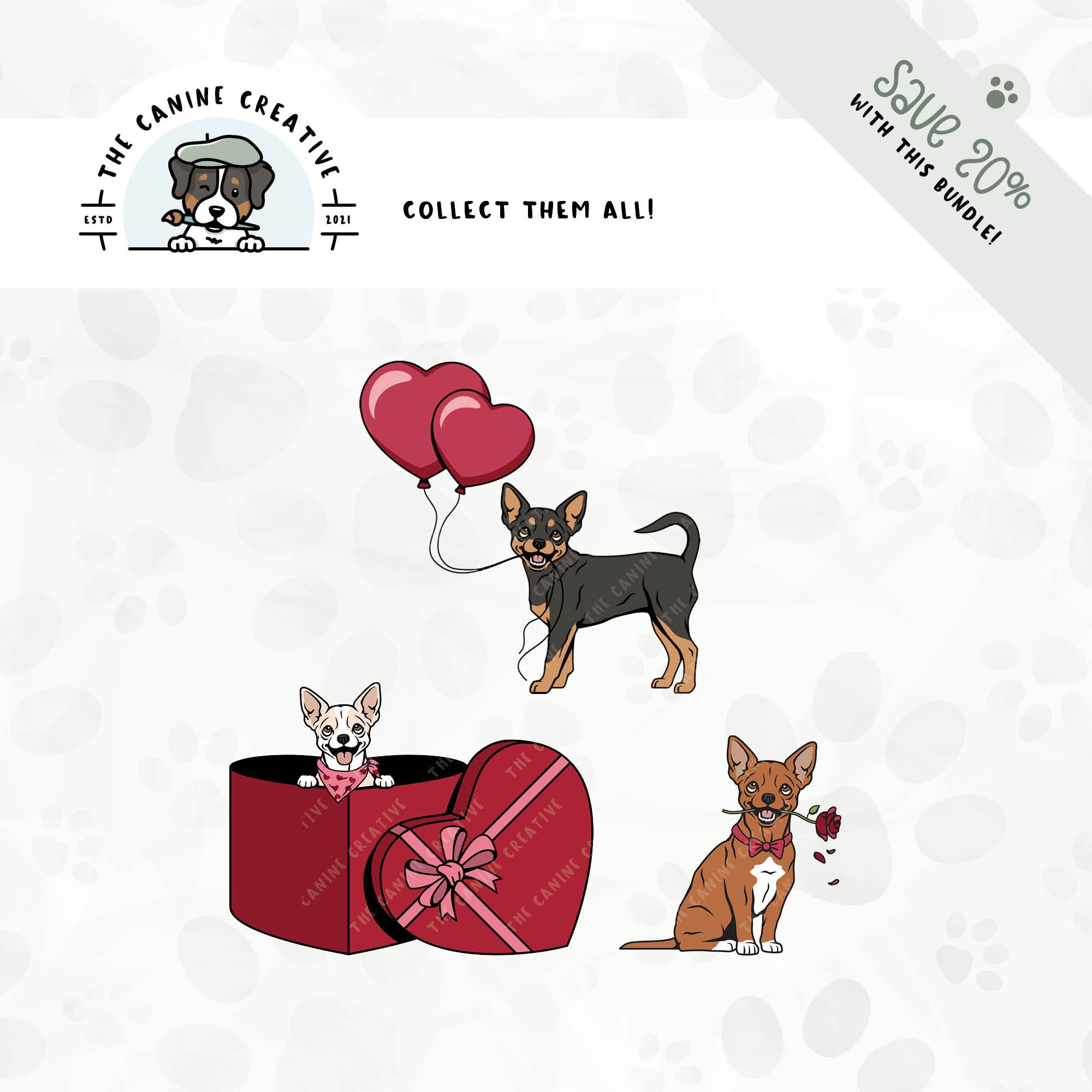 Save 20% with our related 3-pack puppy love design bundles featuring Smooth Coat Chihuahuas!