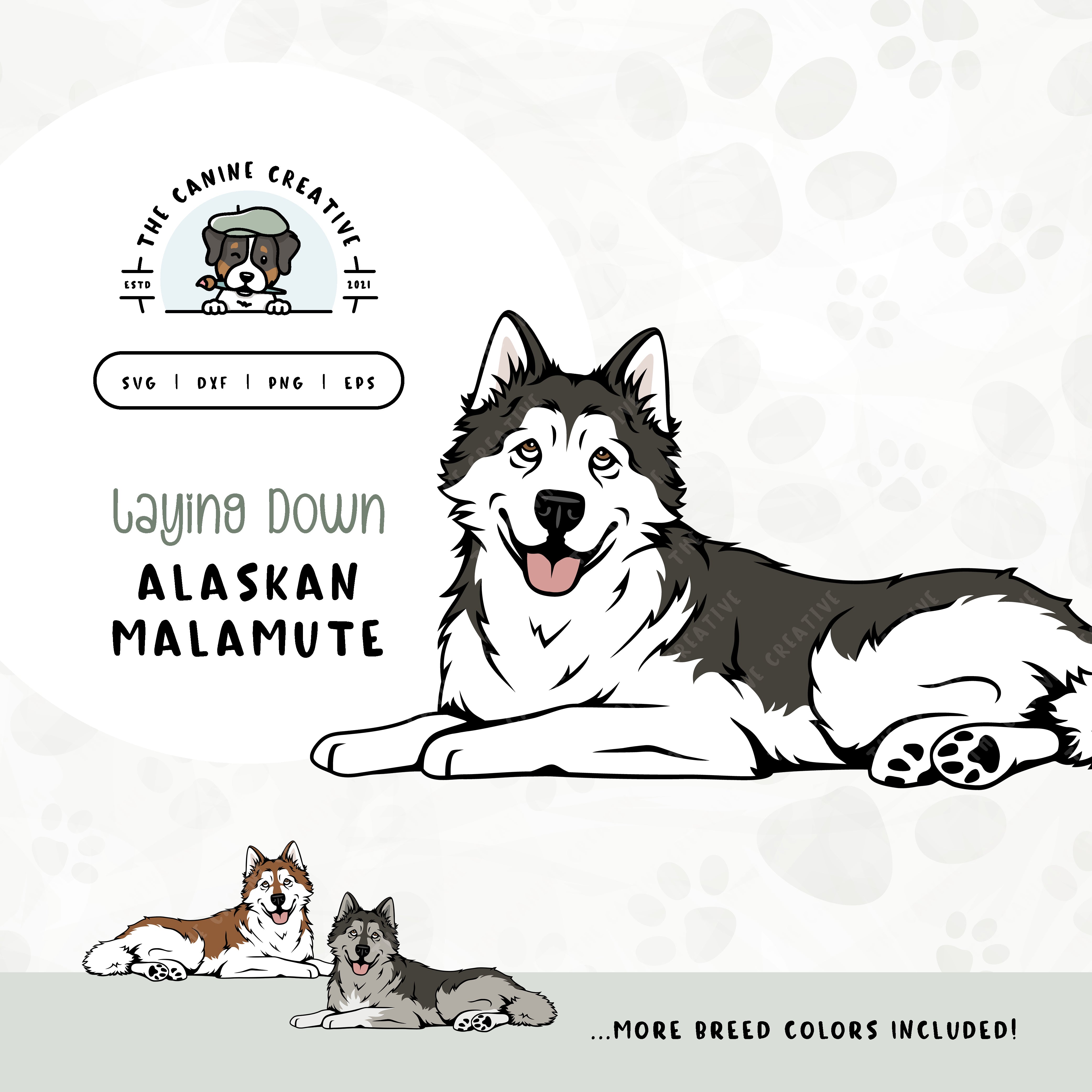 This laying down dog design features an Alaskan Malamute. File formats include: SVG, DXF, PNG, and EPS.