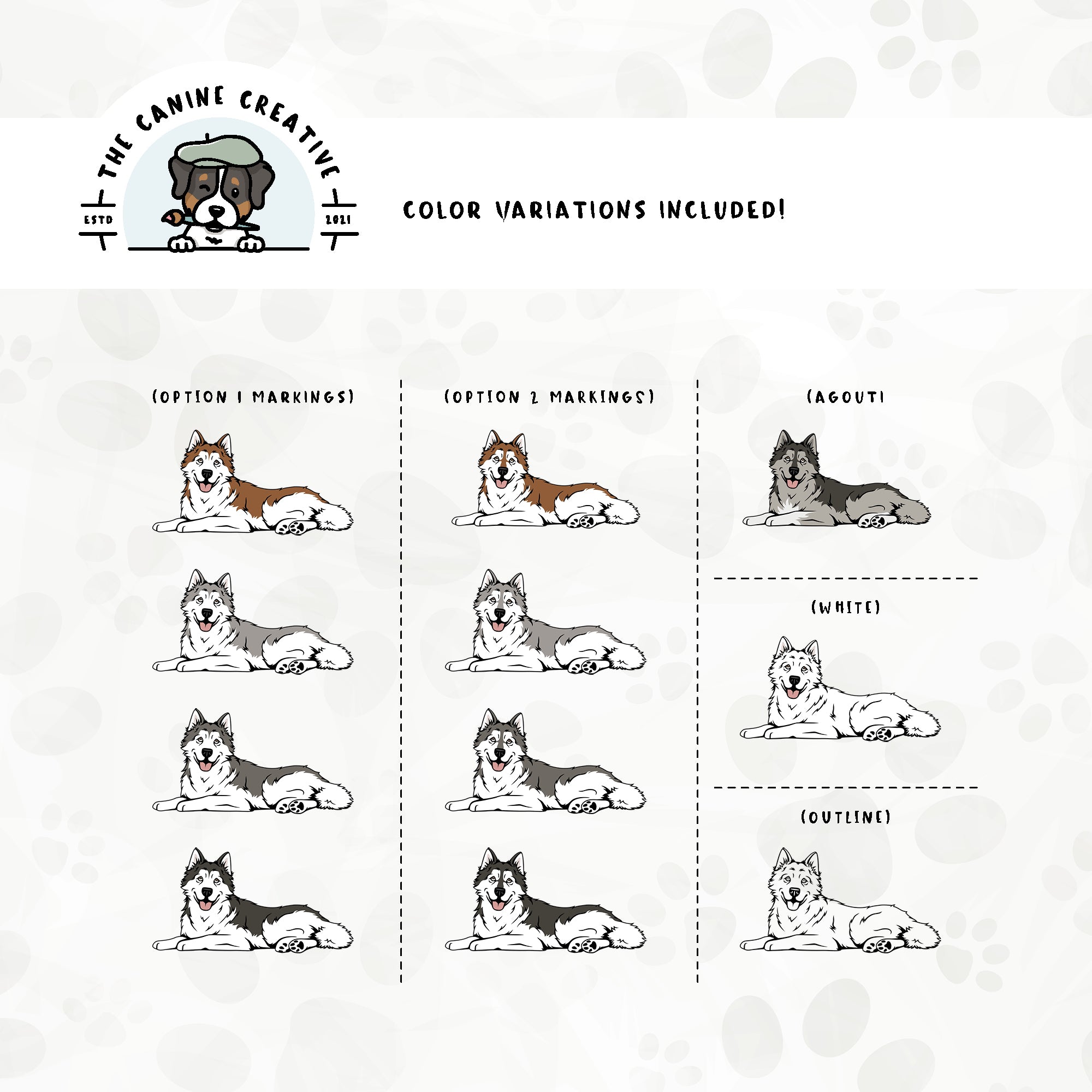 Dog color variations for this design set includes common color and marking variations found in Alaskan Malamutes (bi-color, Agouti, and white), as well as an outline option. 