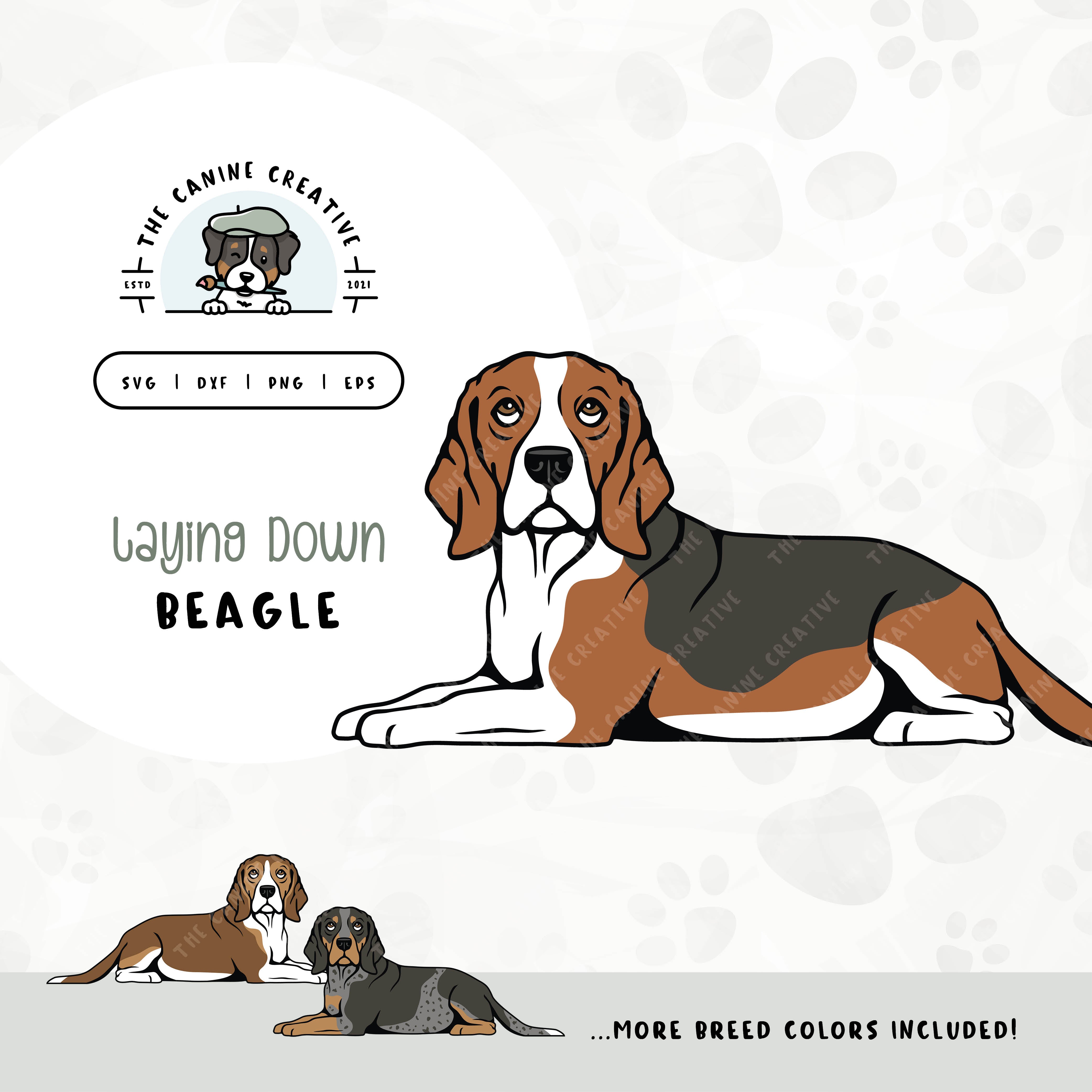 This laying down dog design features a Beagle. File formats include: SVG, DXF, PNG, and EPS.